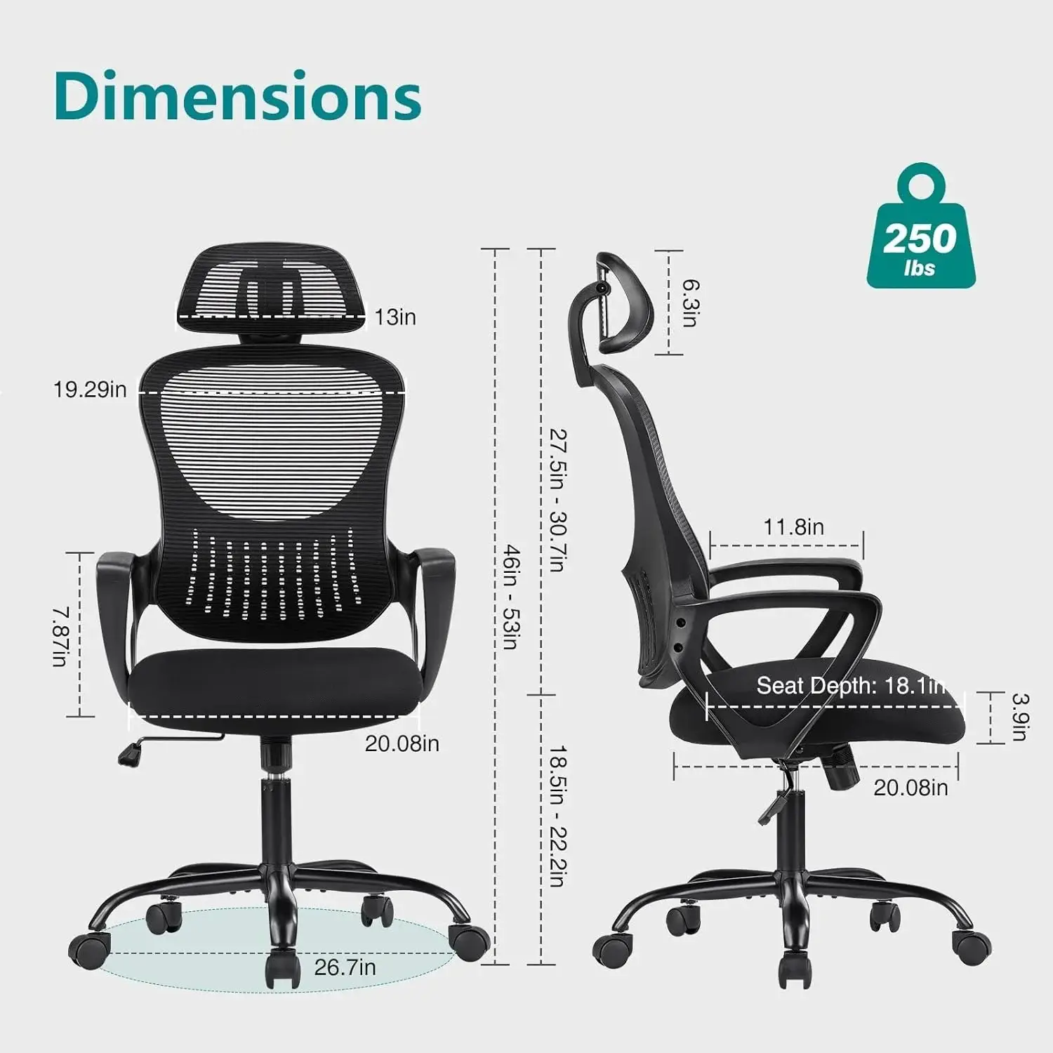 Ergonomic Office Chair, High Back Desk Chair with Headrest, Home Office Swivel Mesh Computer Chair, Executive Office Chair