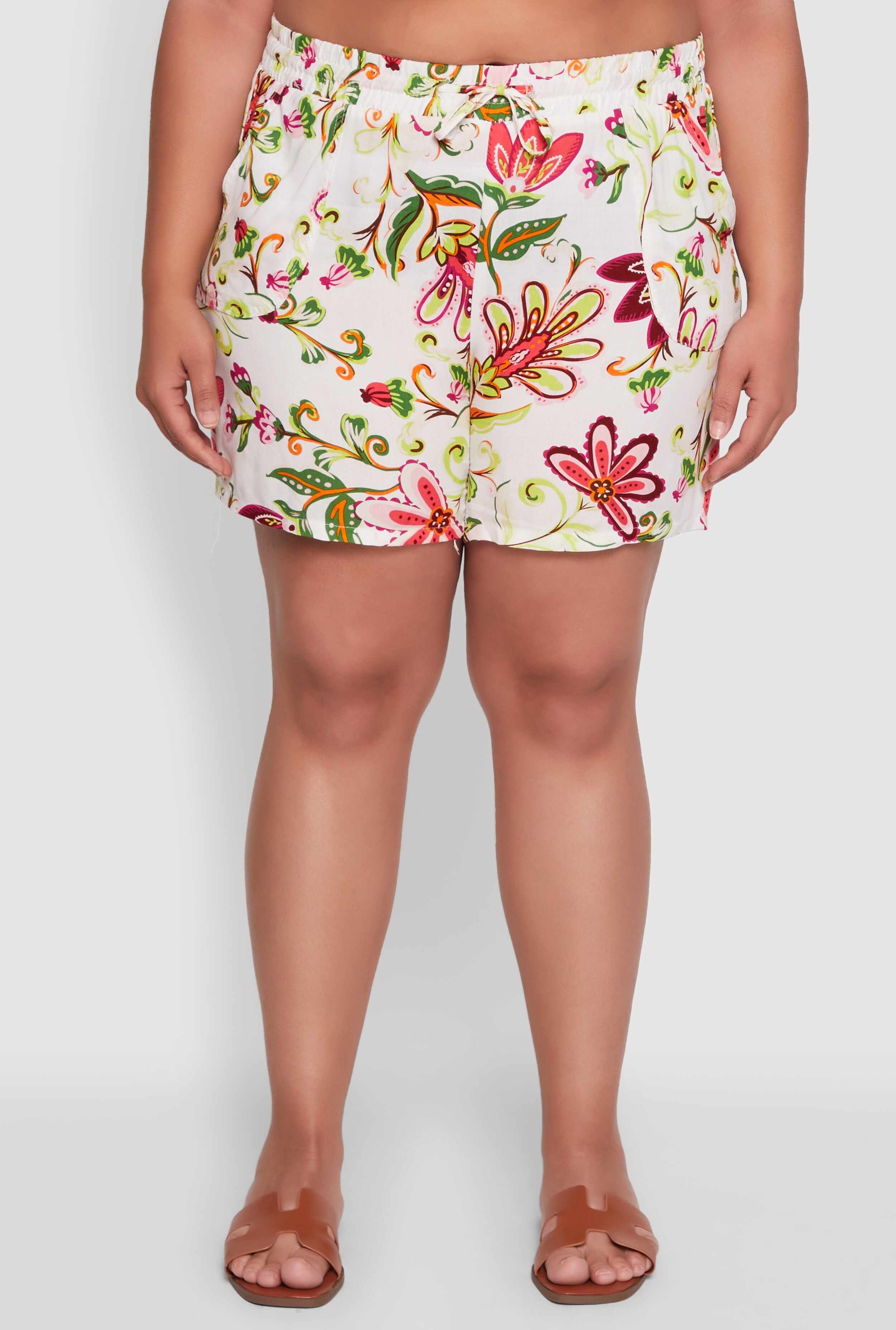 Plus Size Floral Print High Waisted Shorts with Drawstring Waist