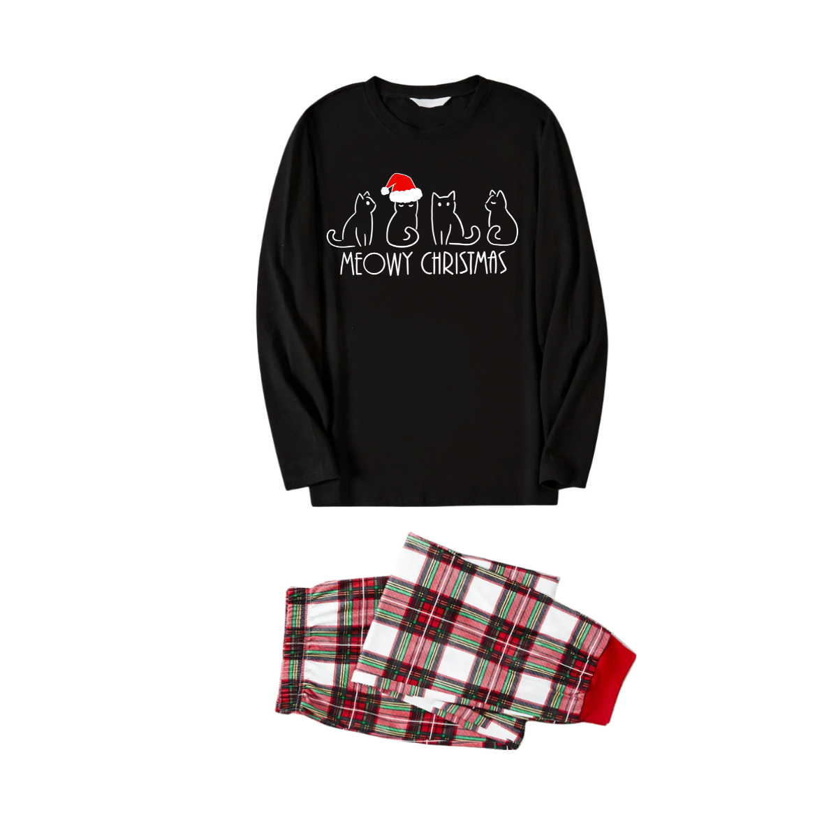 Christmas Cat Print Black Long Sleeve Top with Red & White & Green Plaid Family Matching Pajamas