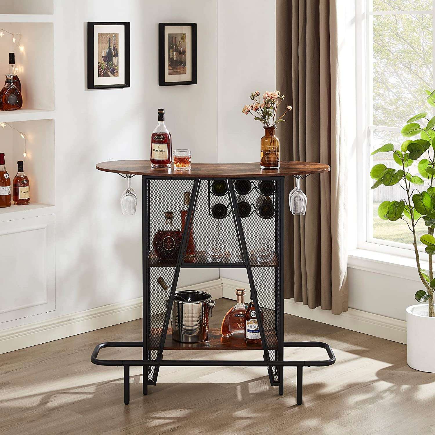 VECELO Bar Unit with Metal Mesh Front, 3-Tier Wine Rack Table with Glasses Holder