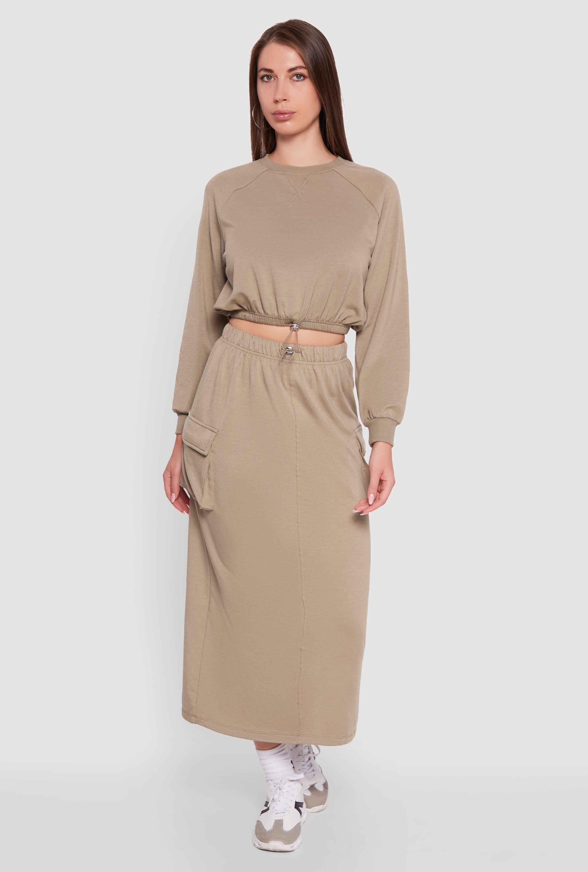 Fleece Toggle Drawstring Cargo Pocket Midi Skirt