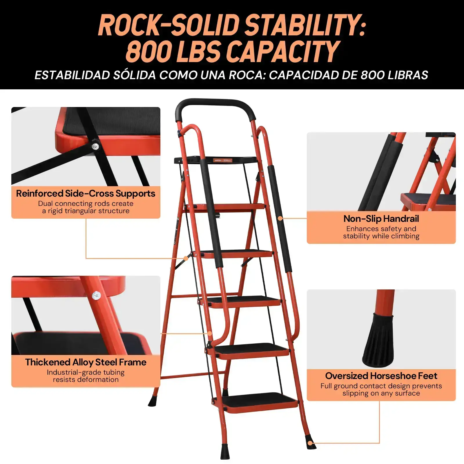 Sturdy Portable 5-Step Ladder, 800 LBS Capacity, Foldable with Handrail & Tool Tray, Ideal for Kitchen & DIY Projects, Sturdy Portable Ladder