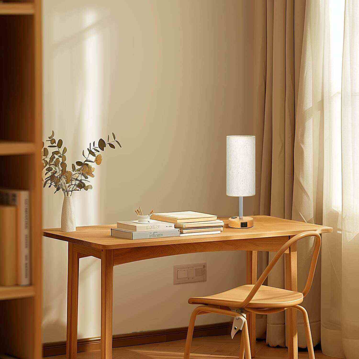 Bedside Table Lamp for Bedroom - 3 Way Dimmable Touch Lamp USB C Charging Ports and AC Outlet, Small Lamp Wood Base Round Flaxen Fabric Shade for Living Room, Desk, LED Bulb Included