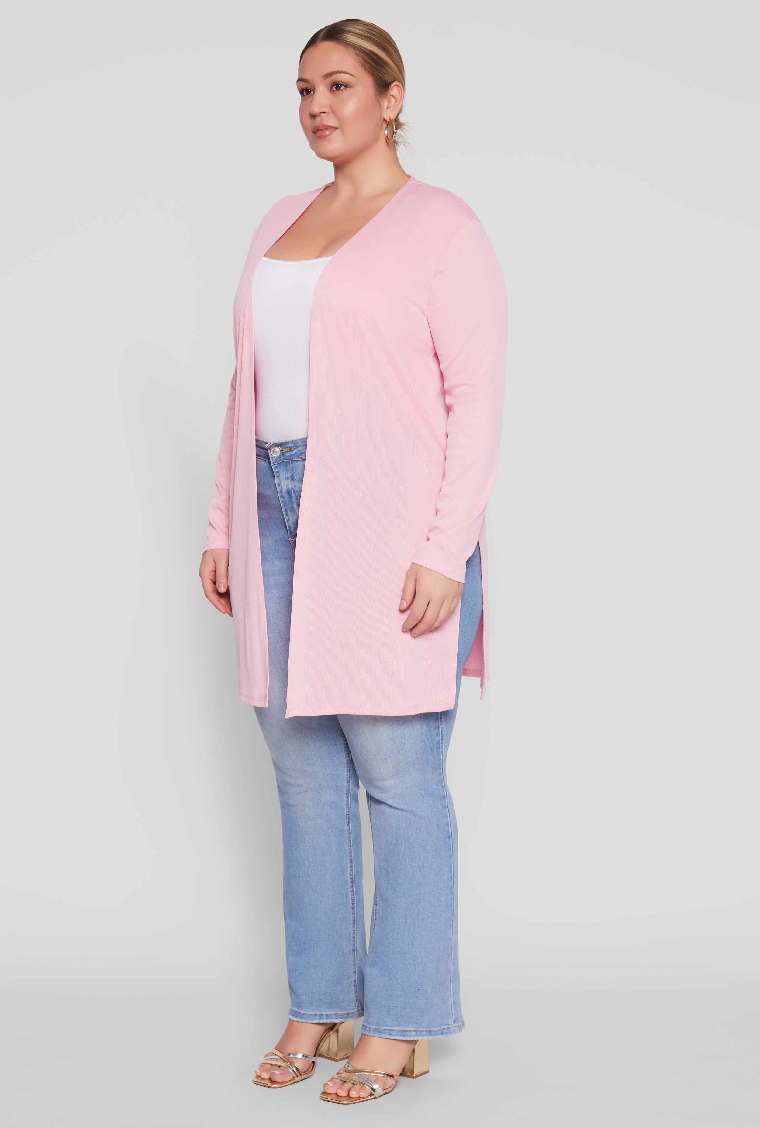 Plus Size Rib Knit Long Sleeve Duster