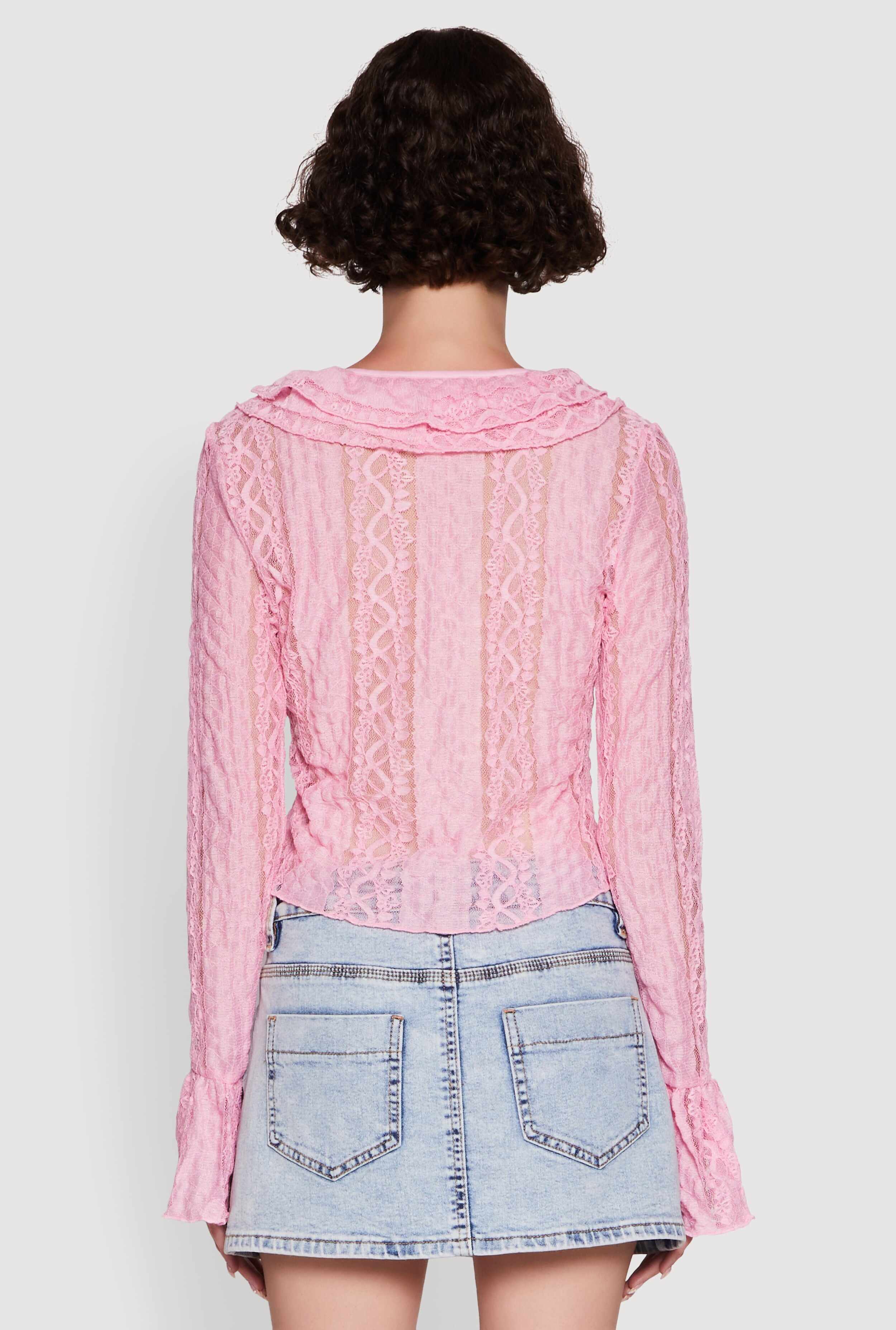 Lace V-Neck Bell Sleeve Button Front Blouse