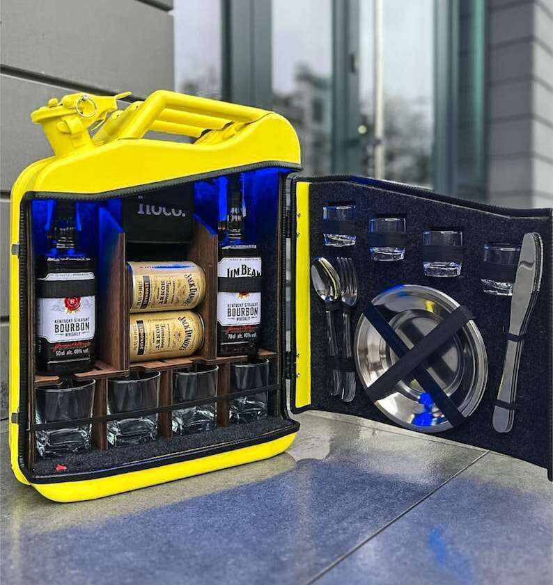 20 L Yellow Jerry Can Mini Bar, Metal Mini Bar With Wood Inside With Picnic Set, Custom Fuel Bar, Canister Bar Jerry Can, Gift For Him