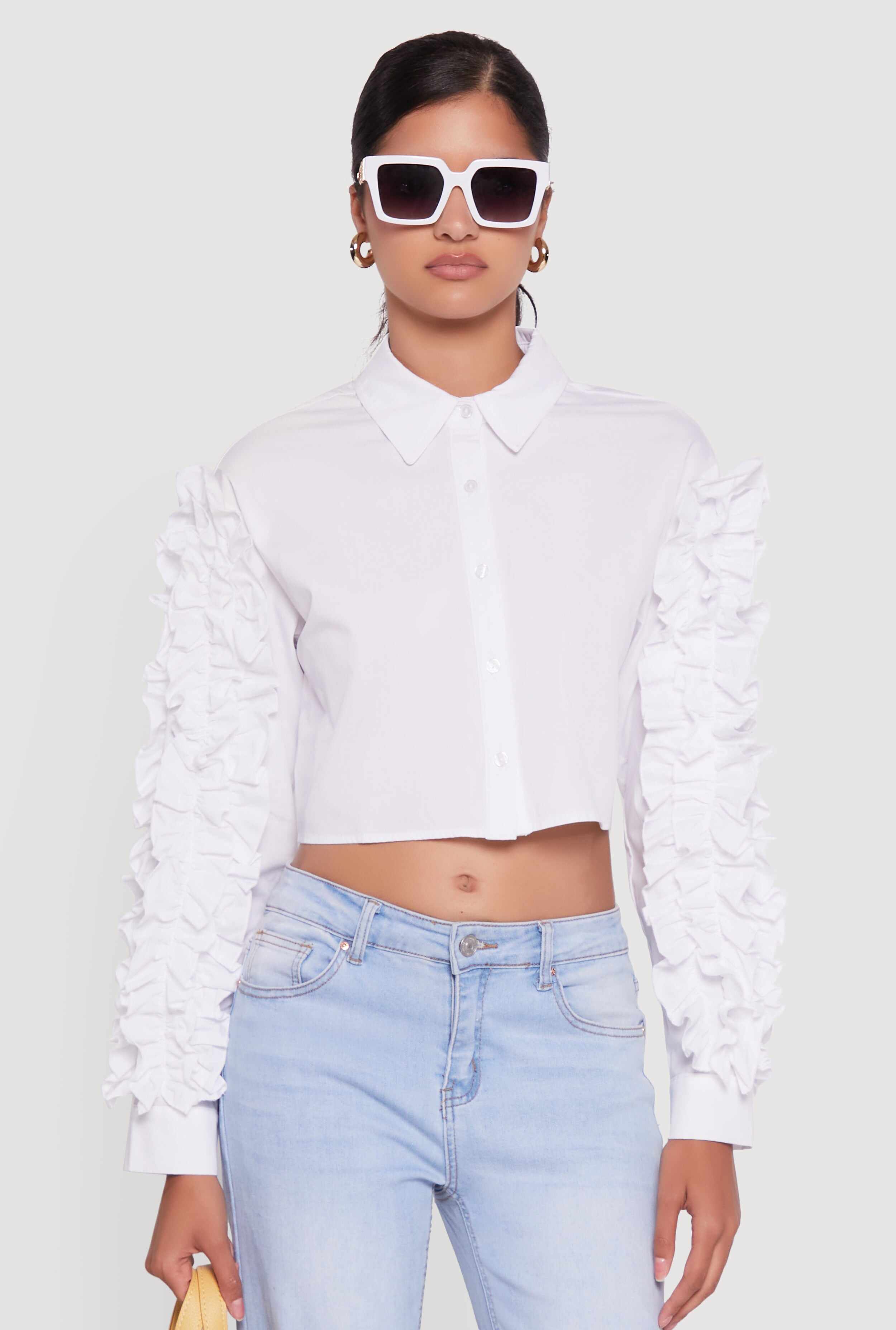 Ruffle Trim Sleeve Cropped Button Front Shirt