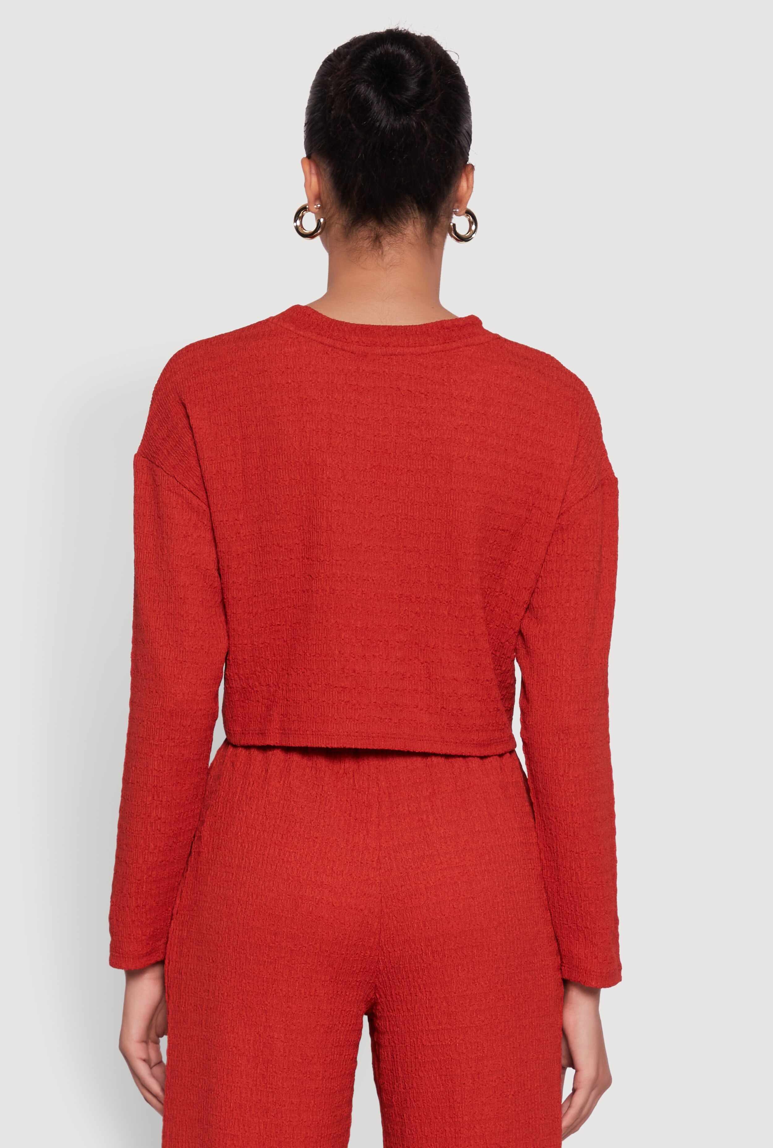 Trendy Textured Knit Long Sleeve Crop Top