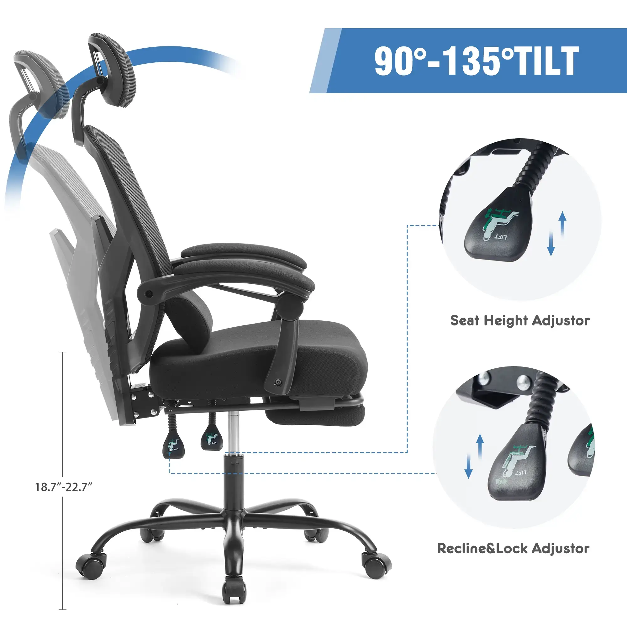 Height Adjustable High Back Ergonomic Office Chair with Lumbar Pillow & Retractable Footrest,  Padded Armrests and Adjustable Headrest