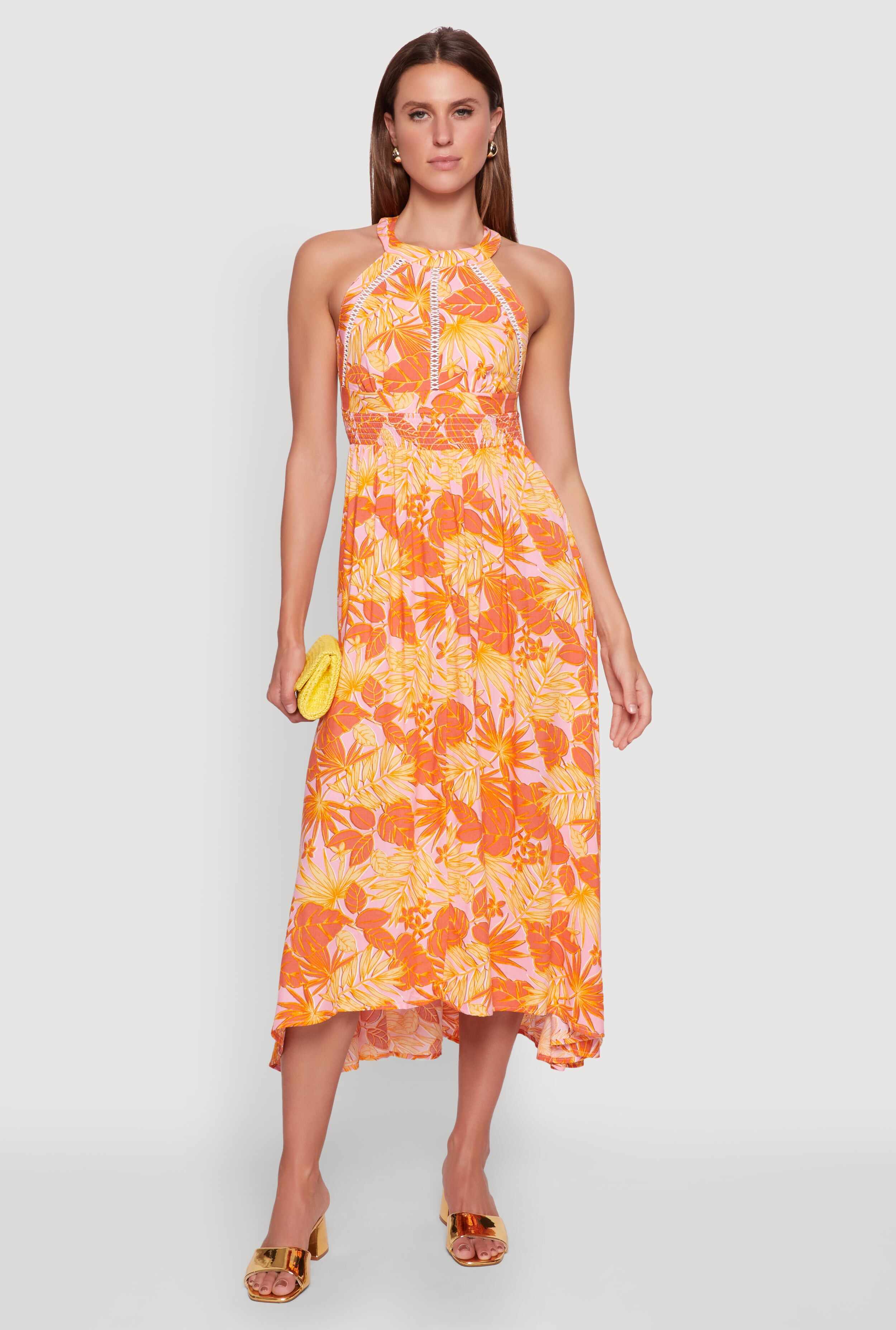 Iris Leaf Print Halter Dress with Crochet and Smocked Details