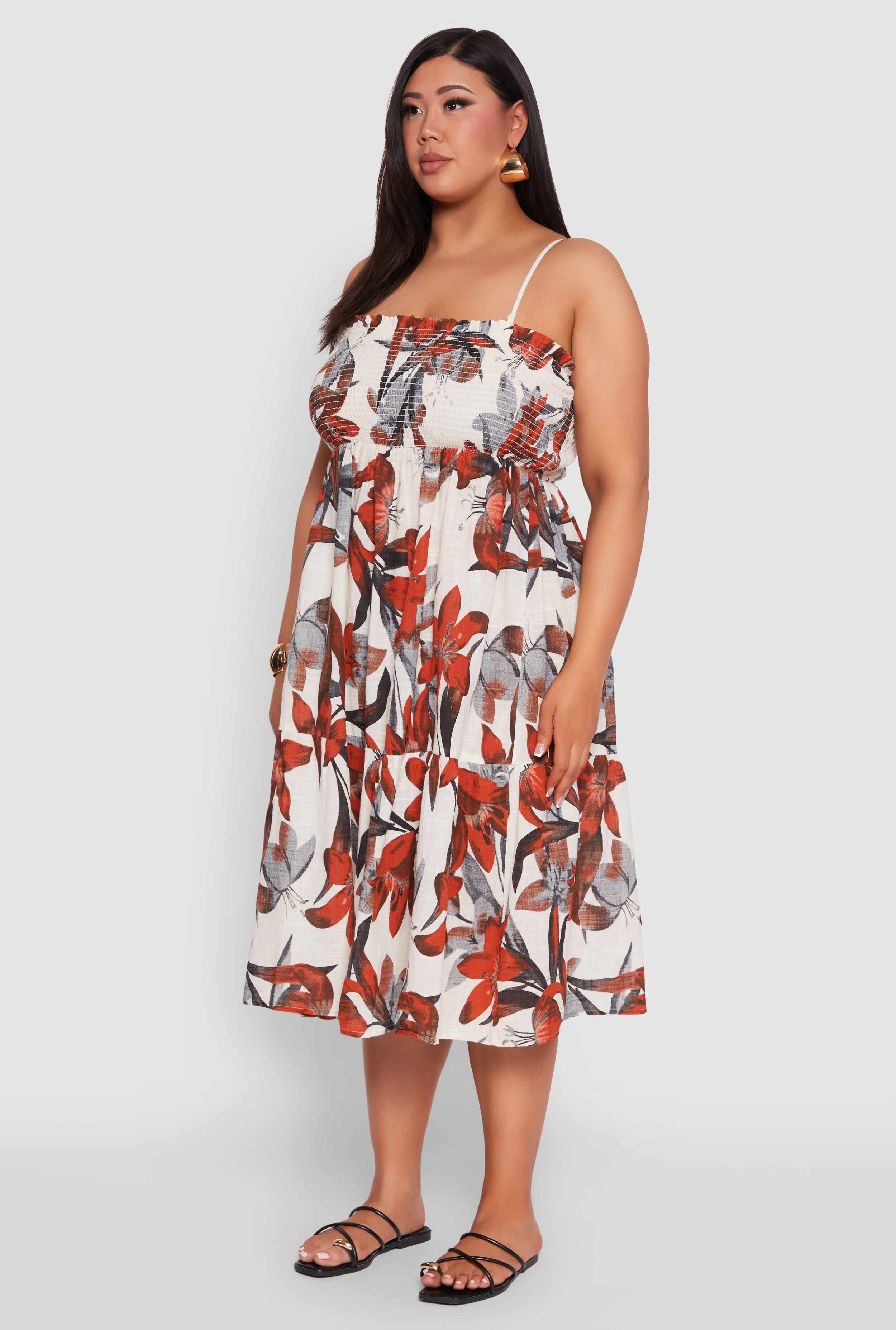 Plus Size Floral Print Smocked Tiered Midi Dress