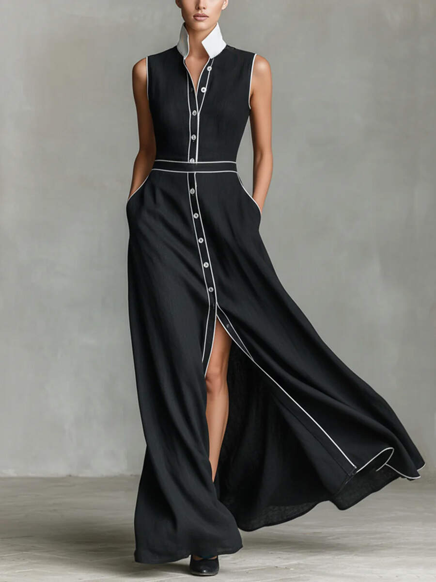 🔥Summer Arrivals🌟Women's Collared Sleeveless Casual Loose Long Cotton Linen Dress