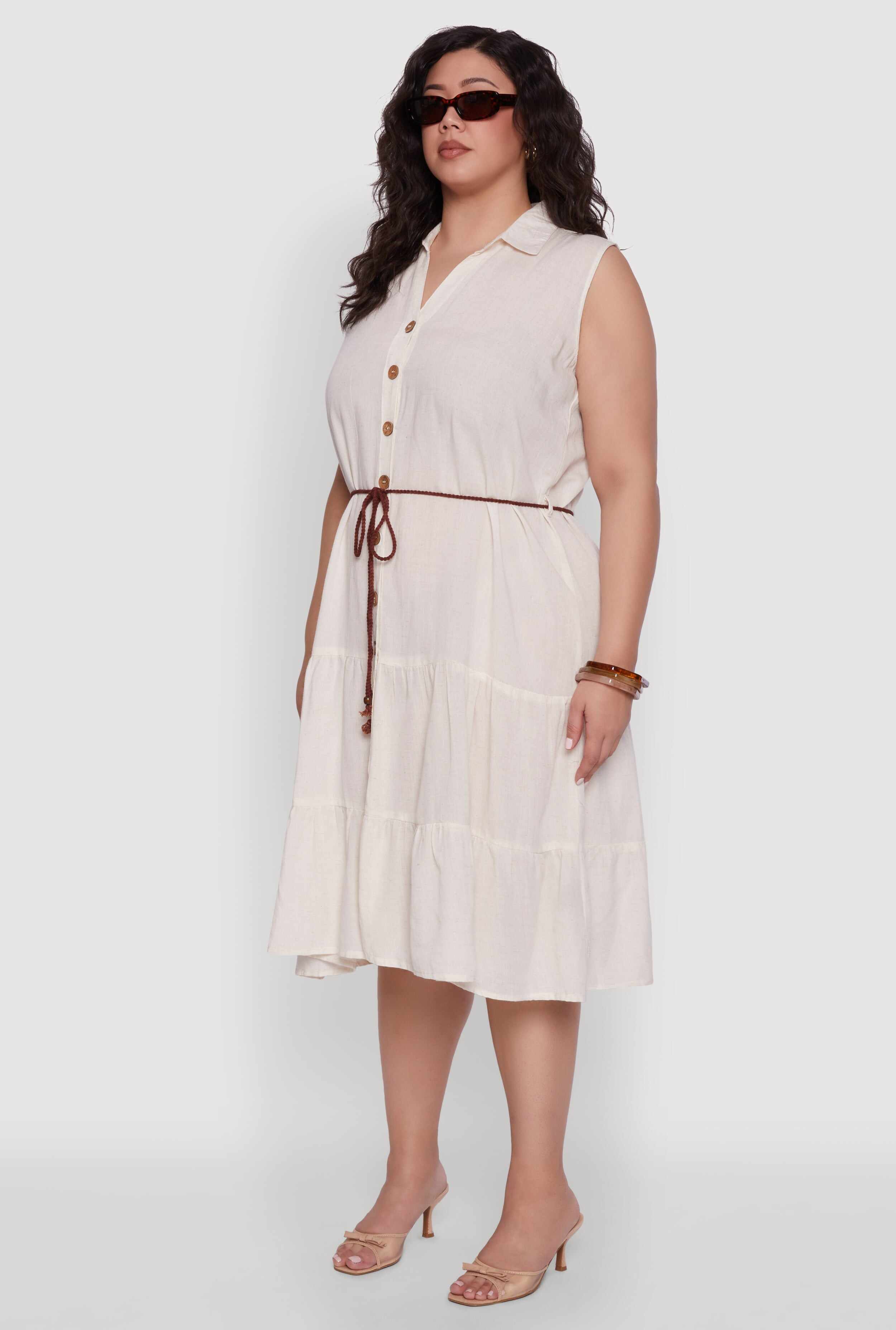 Plus Size Linen Sleeveless Button Front Dress