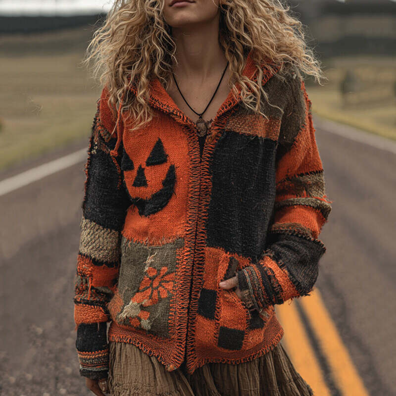 Patchwork Halloween Pumpkin Face Art  Cozy Knit Hooded Cardigan