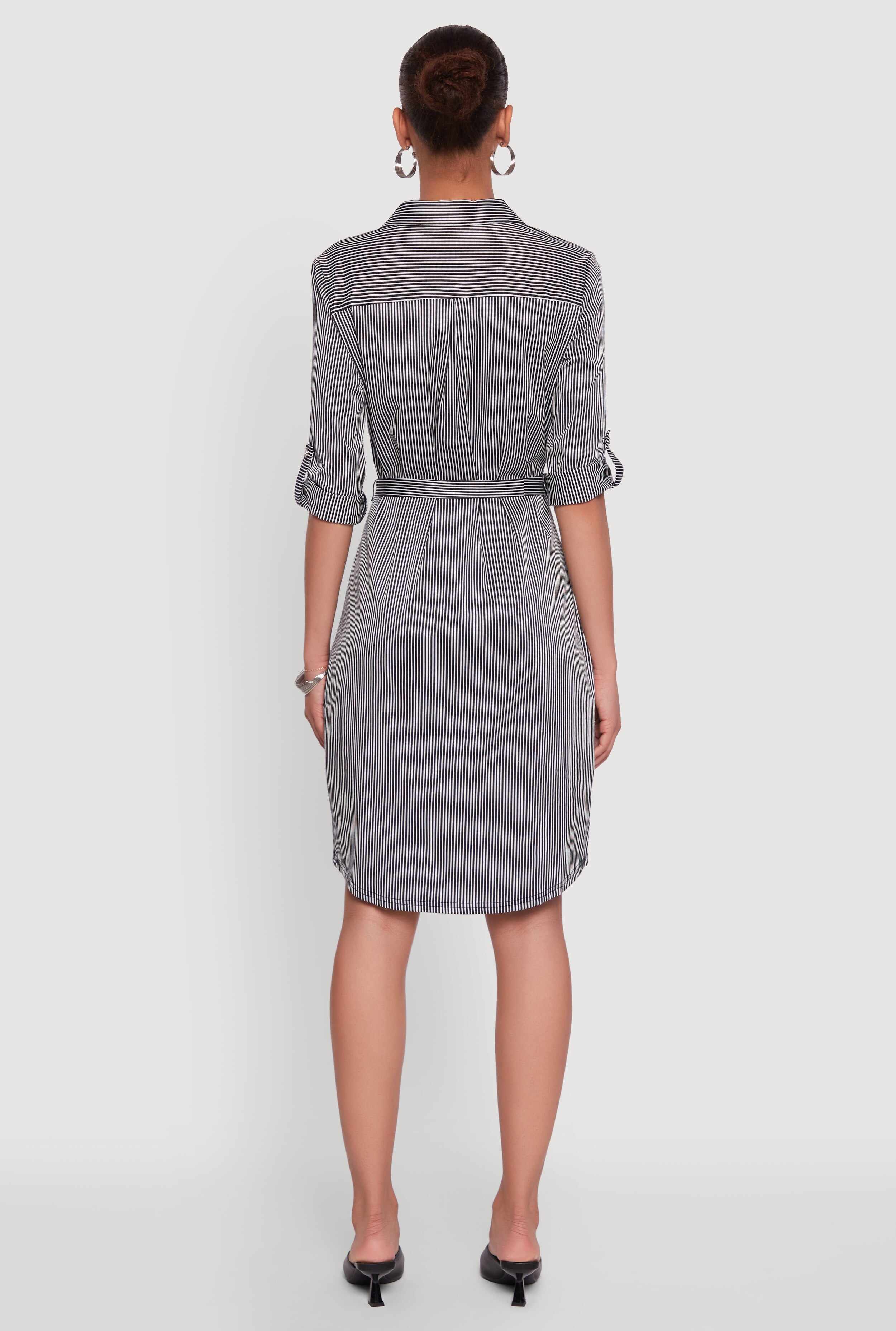 Striped Button Front Shirt Dress with Tie Waist Belt