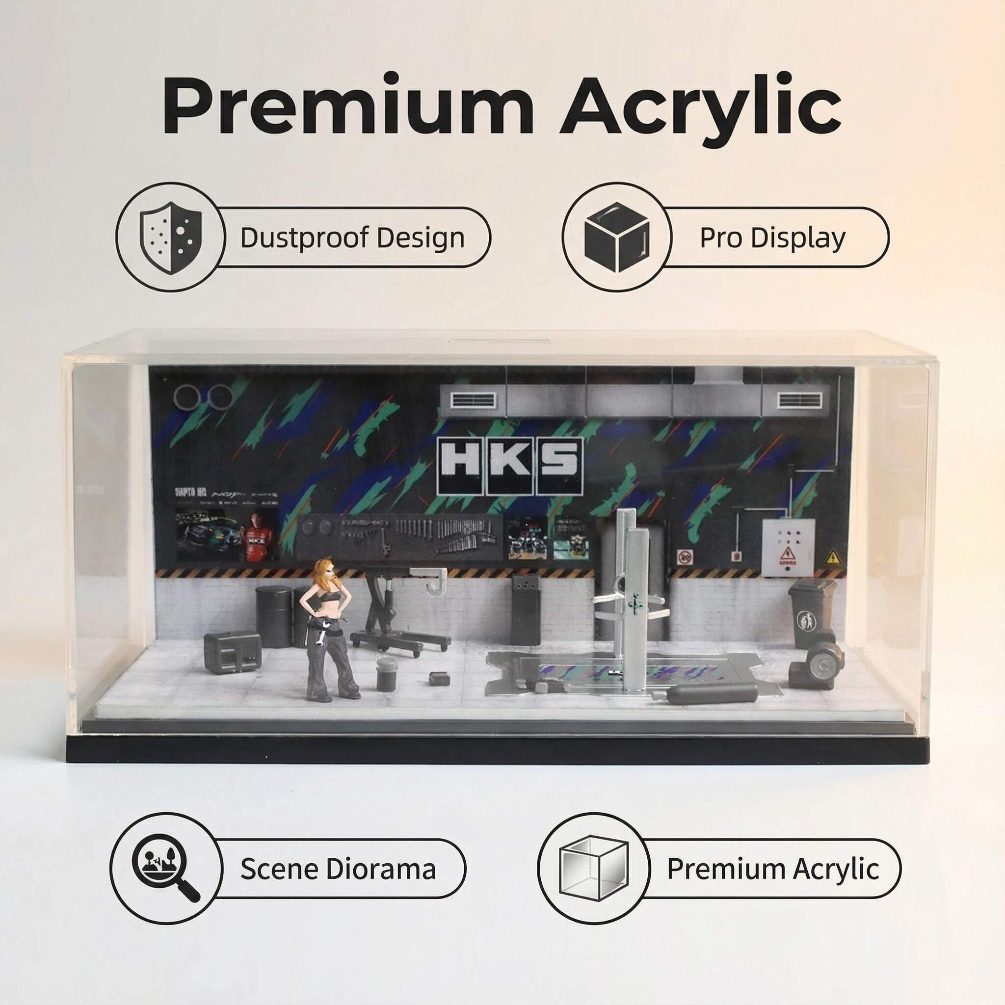 1:64 Scale Performance Tuning Garage Diorama Display Case – Motorsport Workshop Scene for Diecast Cars