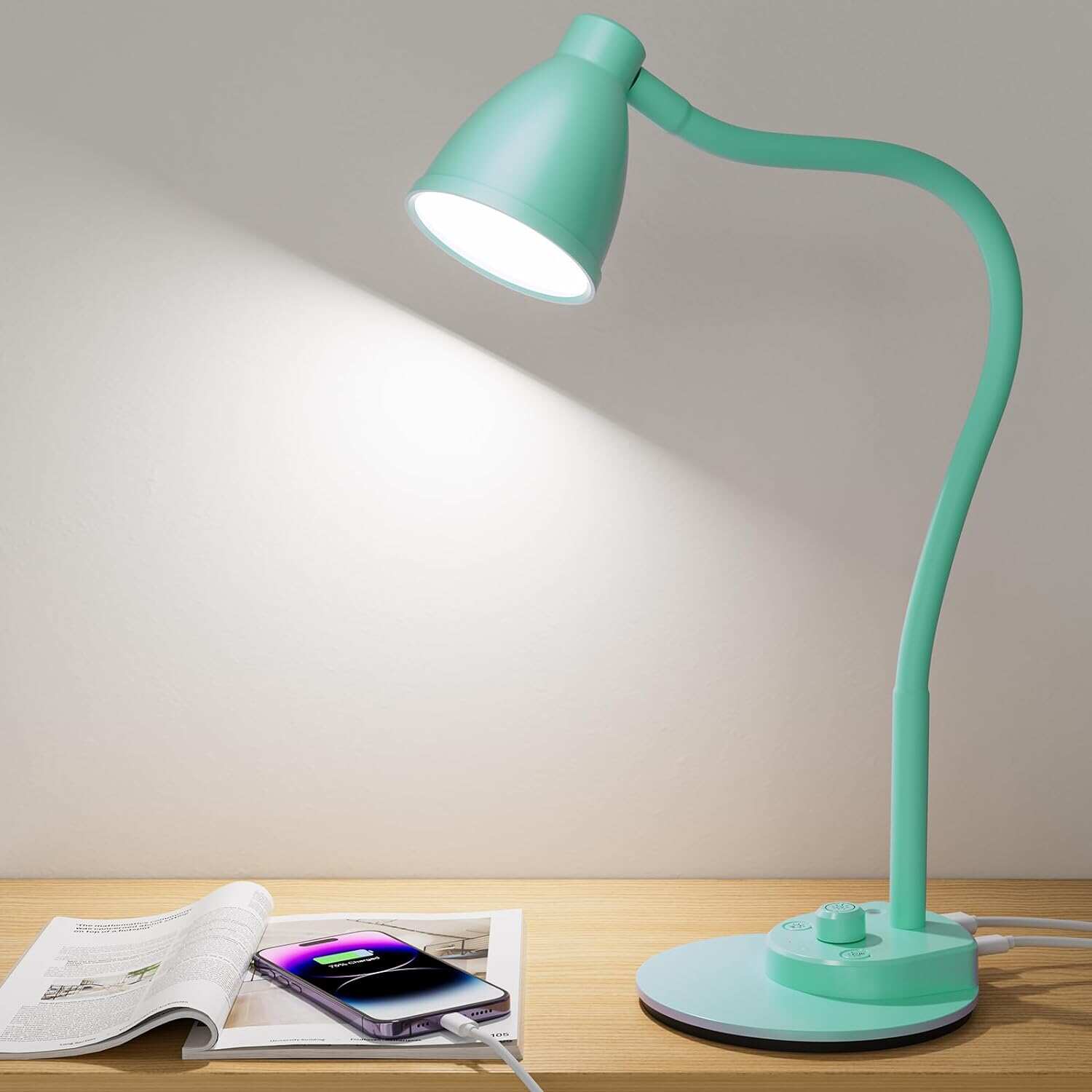 BOHON LED Desk Lamp with USB Charging Port 3 Color Modes Dimmable Reading Light Intelligent Induction Auto Dimming Task Lamp Flexible Gooseneck Table Lamp for Bedside Office, AC Adapter Include