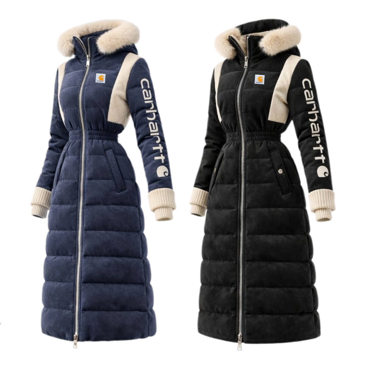 Women's Casual Thickened Cotton Jacket Contrast Color Stitching Suede Fur Collar Lapel Hooded Long Coat