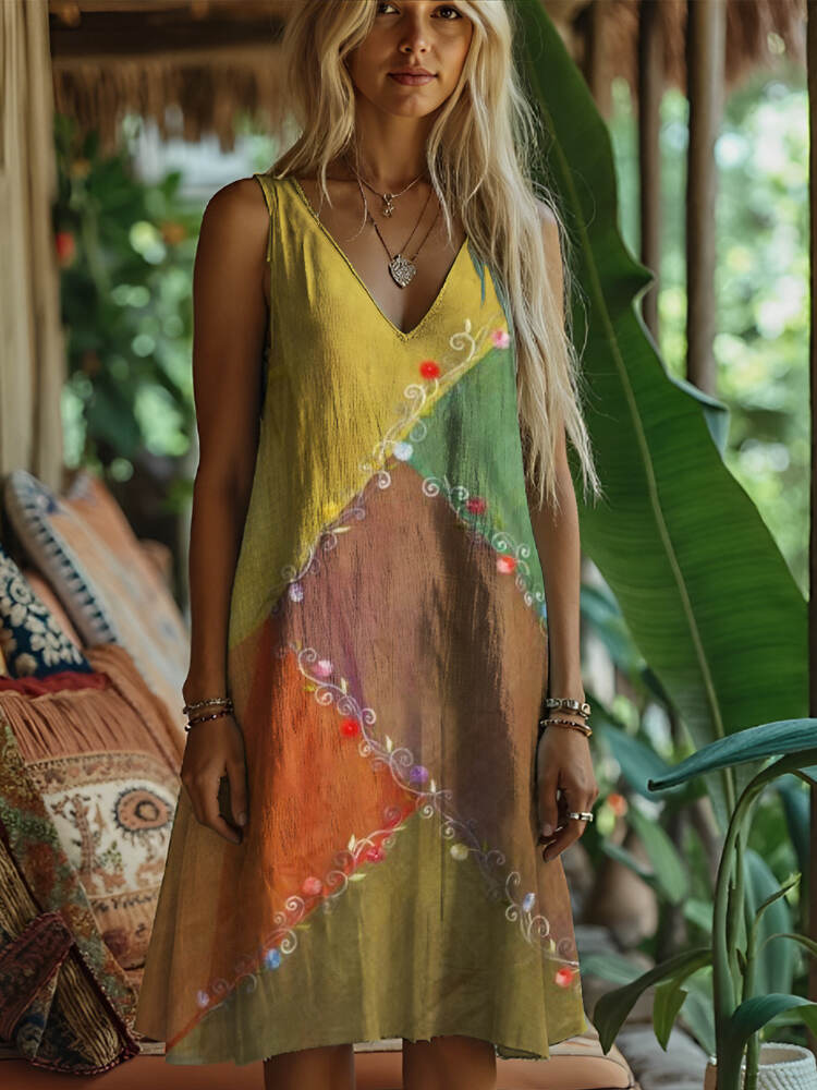 Boho Lace Floral Patchwork Art Women's Linen Tank Dress
