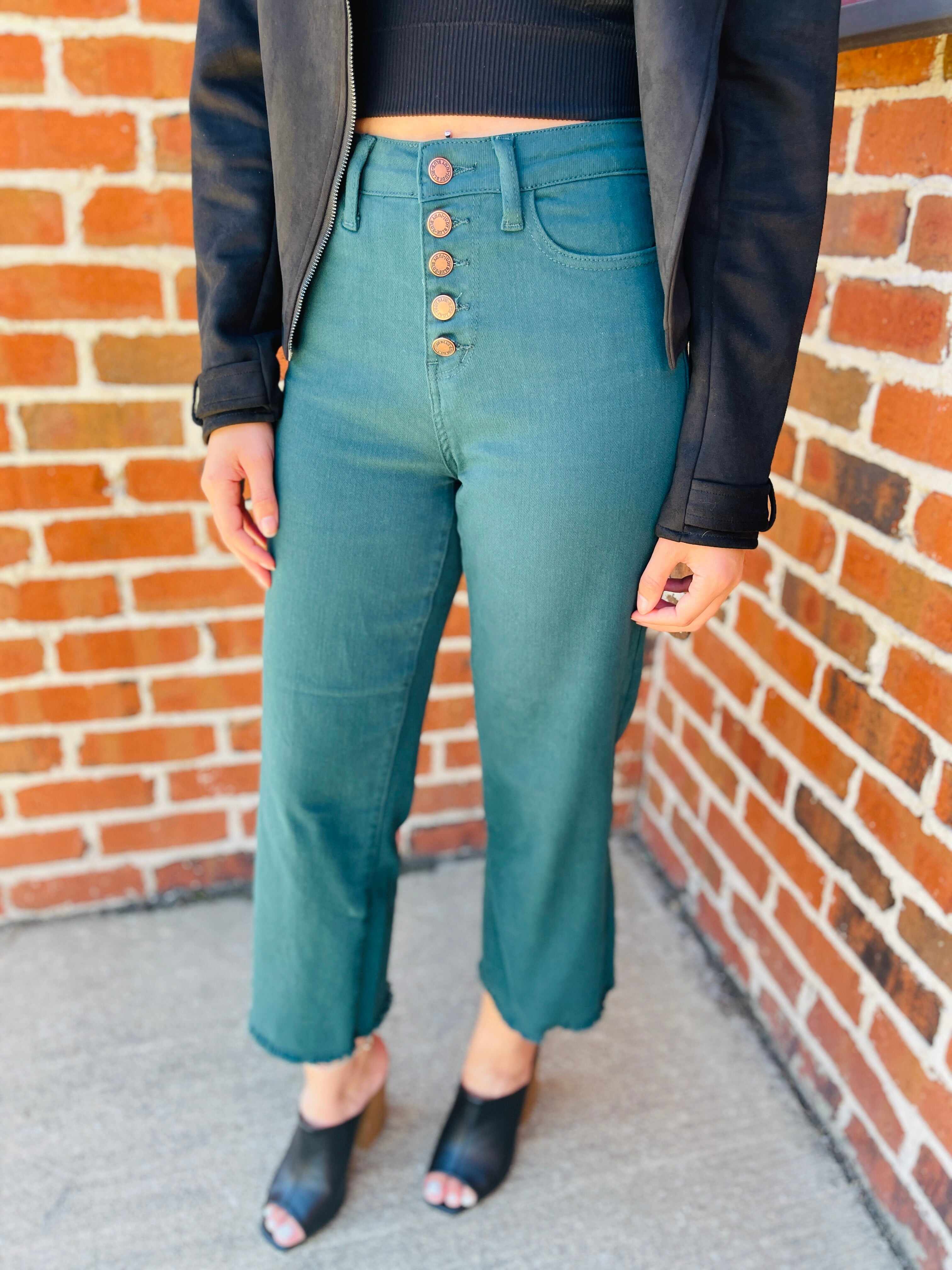 Plus/Reg Bright As A Button Fly Wide Leg Teal Jeans