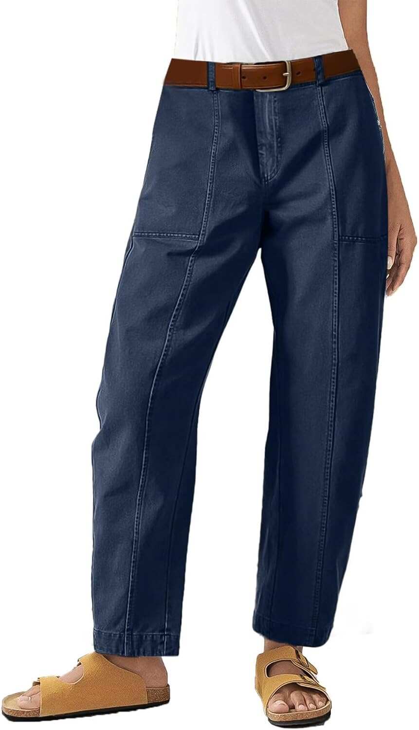 Flamingals Women’s Mid Waist Carrot Straight Leg Pants Casual Fashion Trendy Stitch Detail Crop Pants