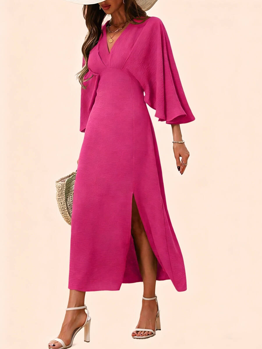 🔥Summer Arrivals🌟Women's V-neck Slit Loose-fitting Long-sleeved Dress