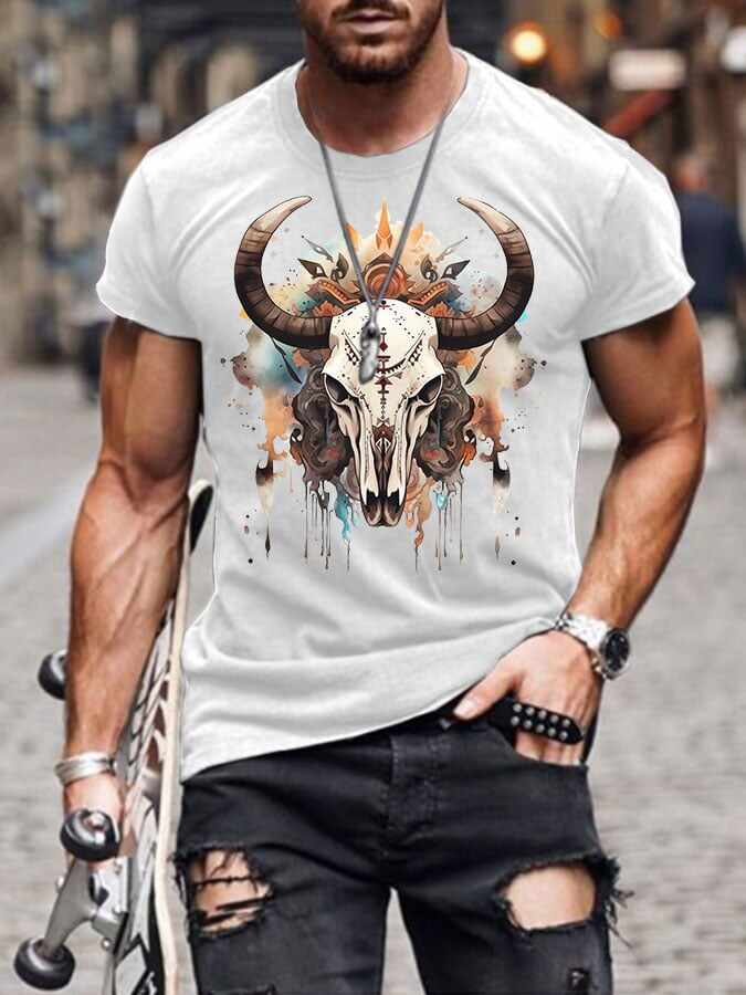 Men's Western Cow Skull Print T-Shirt