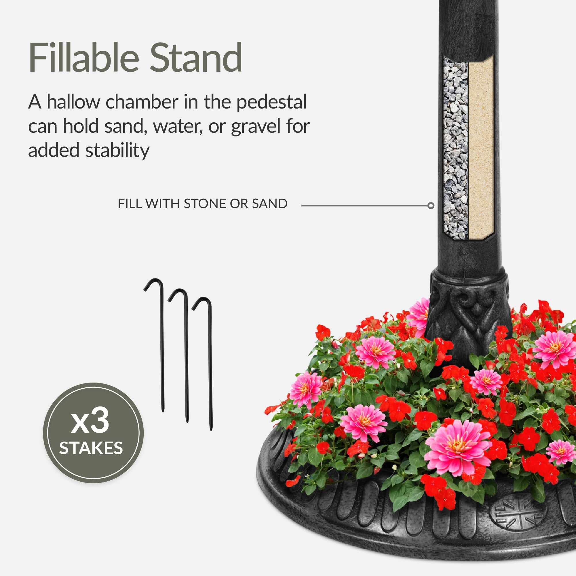 Solar Lighted Outdoor Pedestal Bird Bath w/ Planter, Decorative Bird Cage
