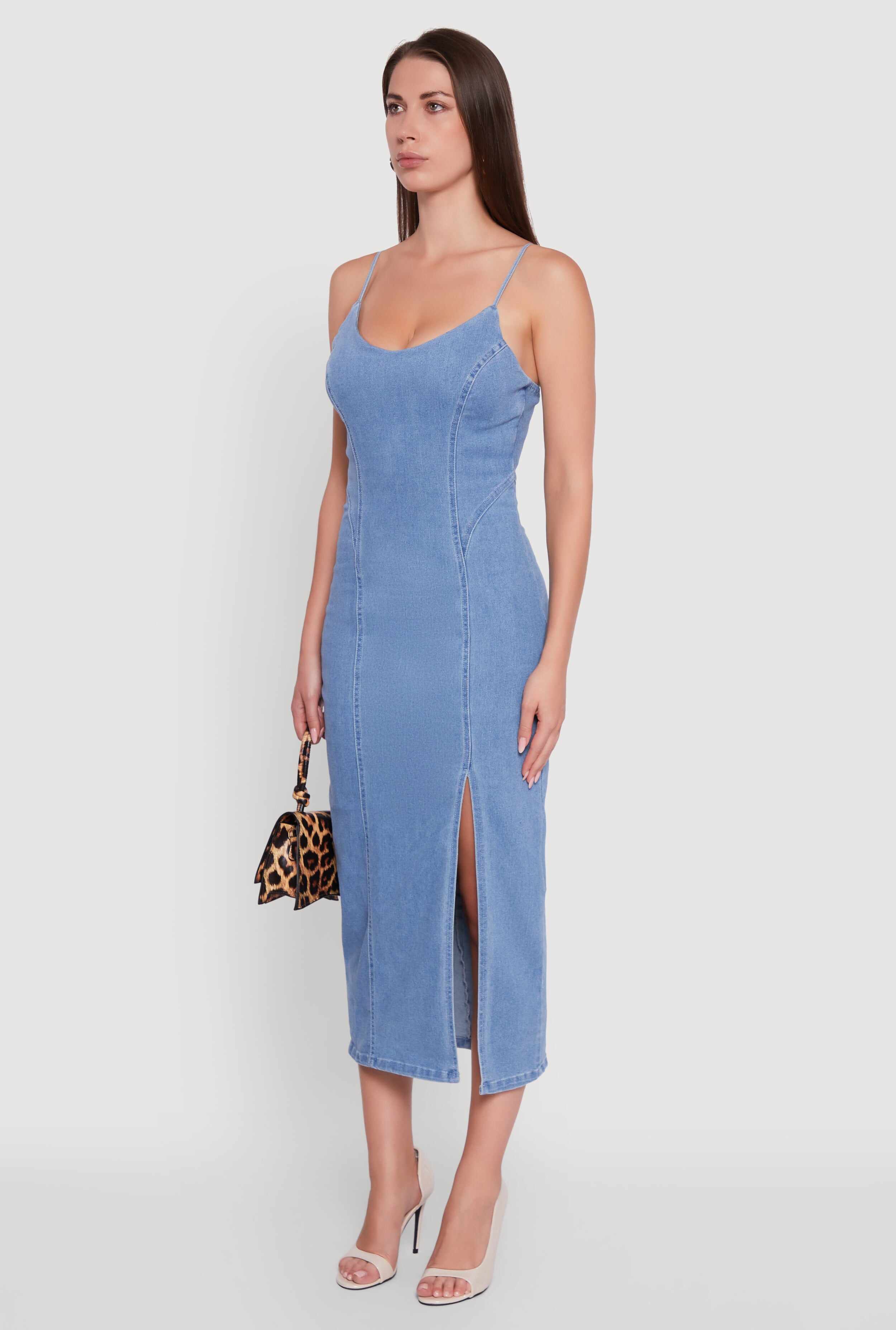 Denim Pintuck Scoop Neck Side Slit Dress