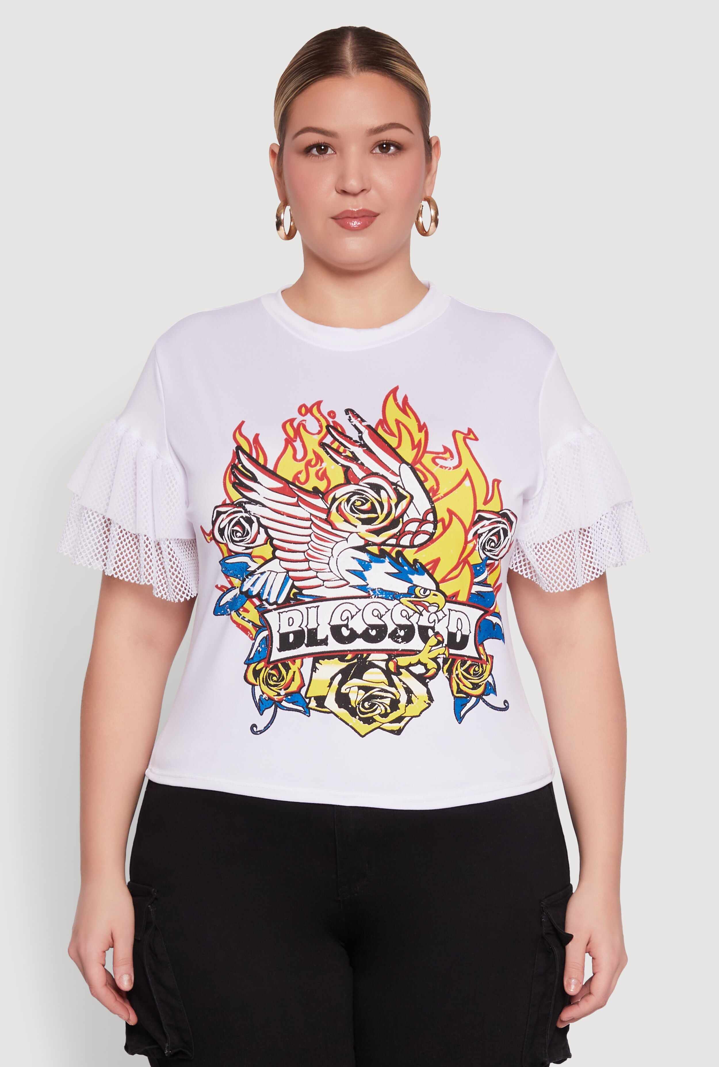 Plus Size Fishnet Sleeve Blessed Eagle Graphic Tee