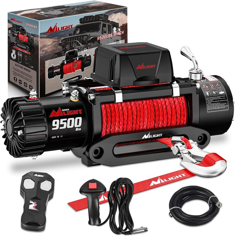 Electric Winch 12V Waterproof IP68 Towing Winches for Trailer Jeep ATV UTV Truck SUV 9500 LBS Portable Badlands Winch with Synthetic Rope Hawse Fairlead Wired Handle Wireless Remote Red Rope