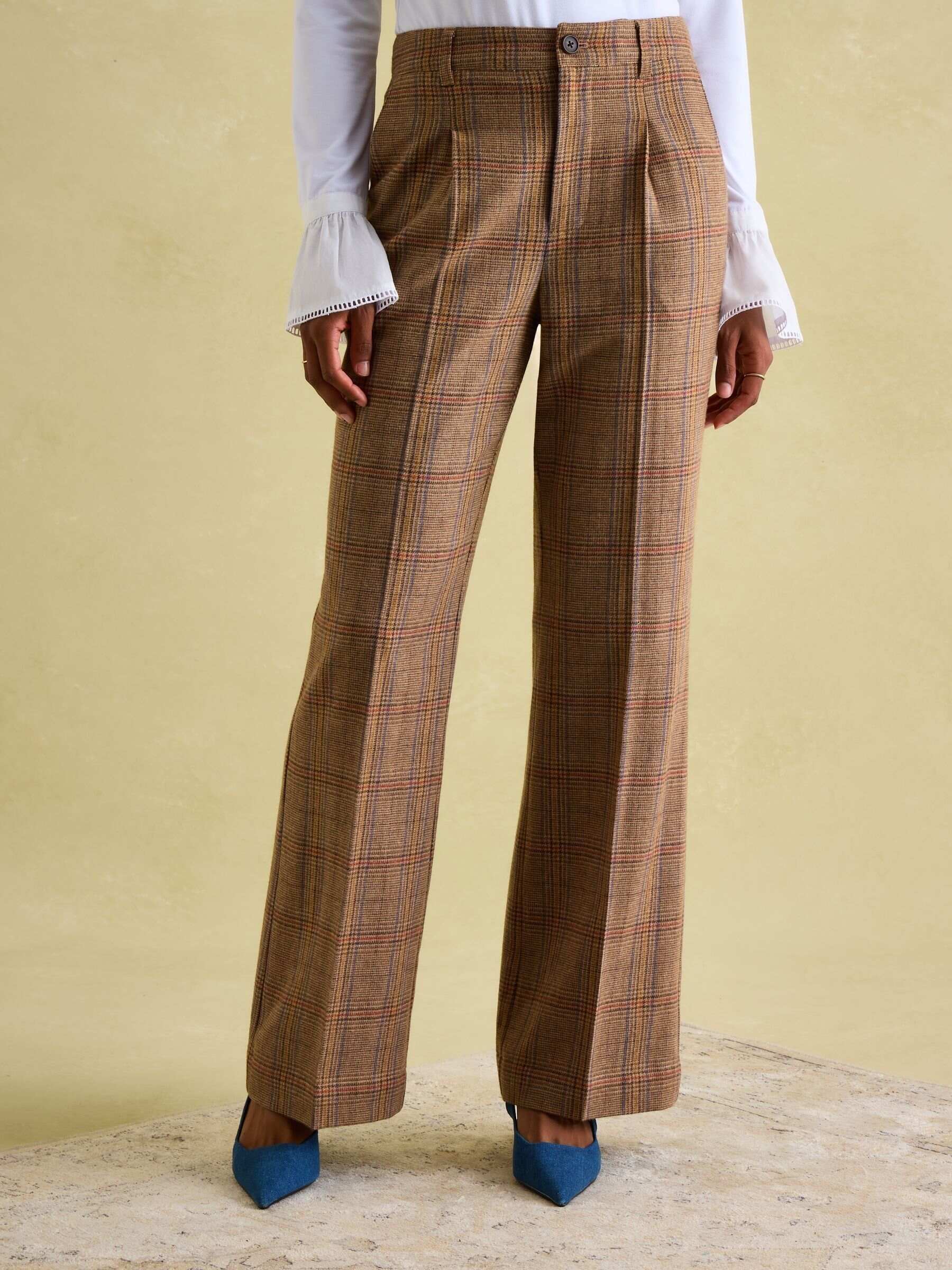 Foxley Check Brown Wide Leg Tweed Trousers