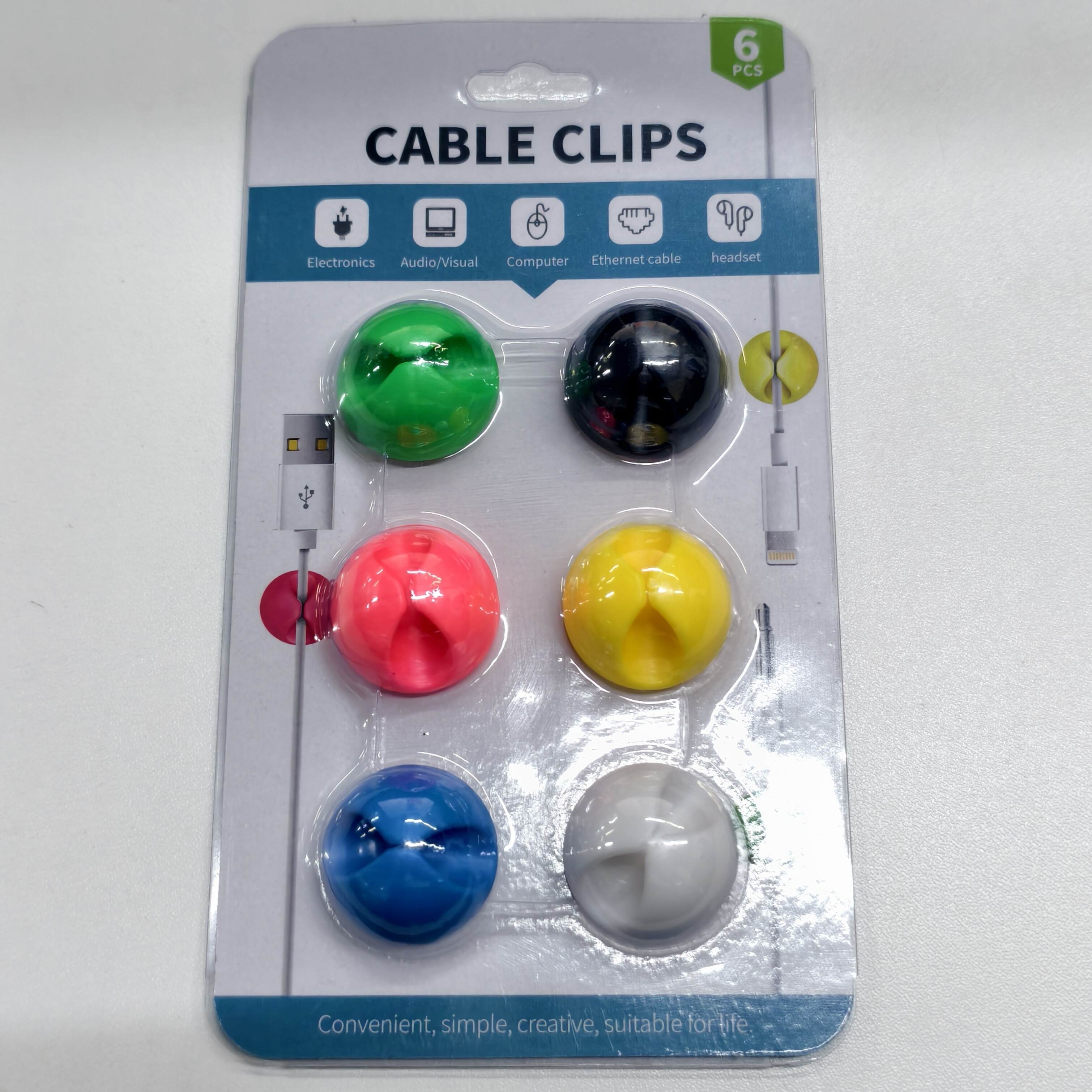 6 Desk Cable Managers (1 of each color), Cable Clips, Cord Clips for Desk, Adhesive Cable Managers, Chargers for Nightstand, Wall, Car and Office Cable Management Accessories