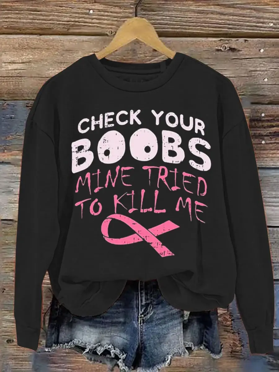 Check Your Boobs Breast Cancer Awareness Art Pattern Print Casual Sweatshirt
