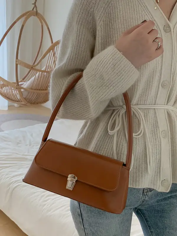 Minimalist Lock-Detail Leather Shoulder Bag