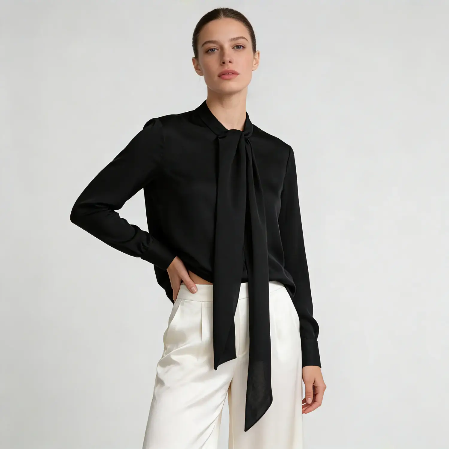 Solid Color Silk Shirt Long Sleeve with Neck Tie