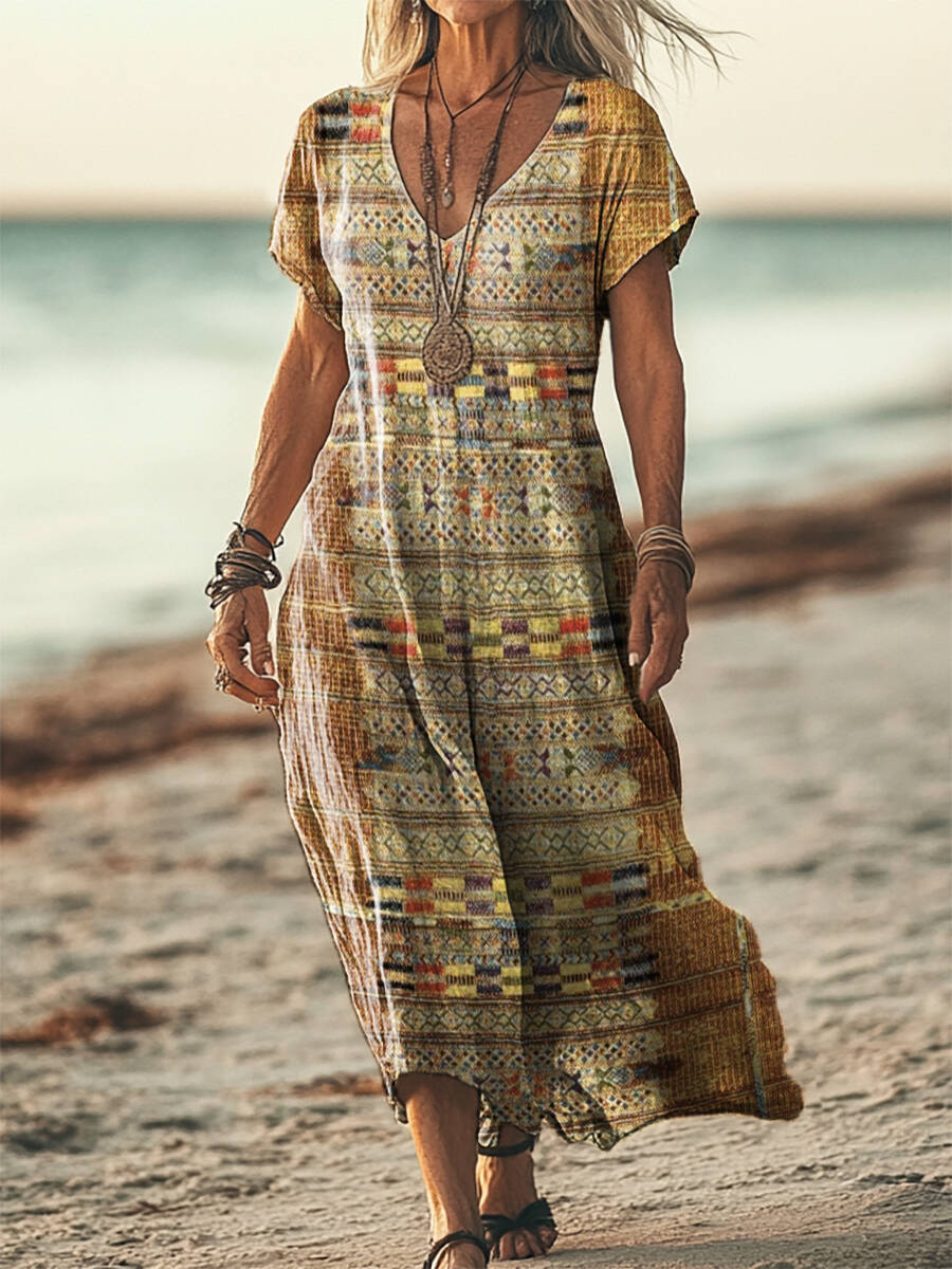 Women's Bohemian Ethnic Patterns Short Sleeve Pocket Cotton Linen Dress