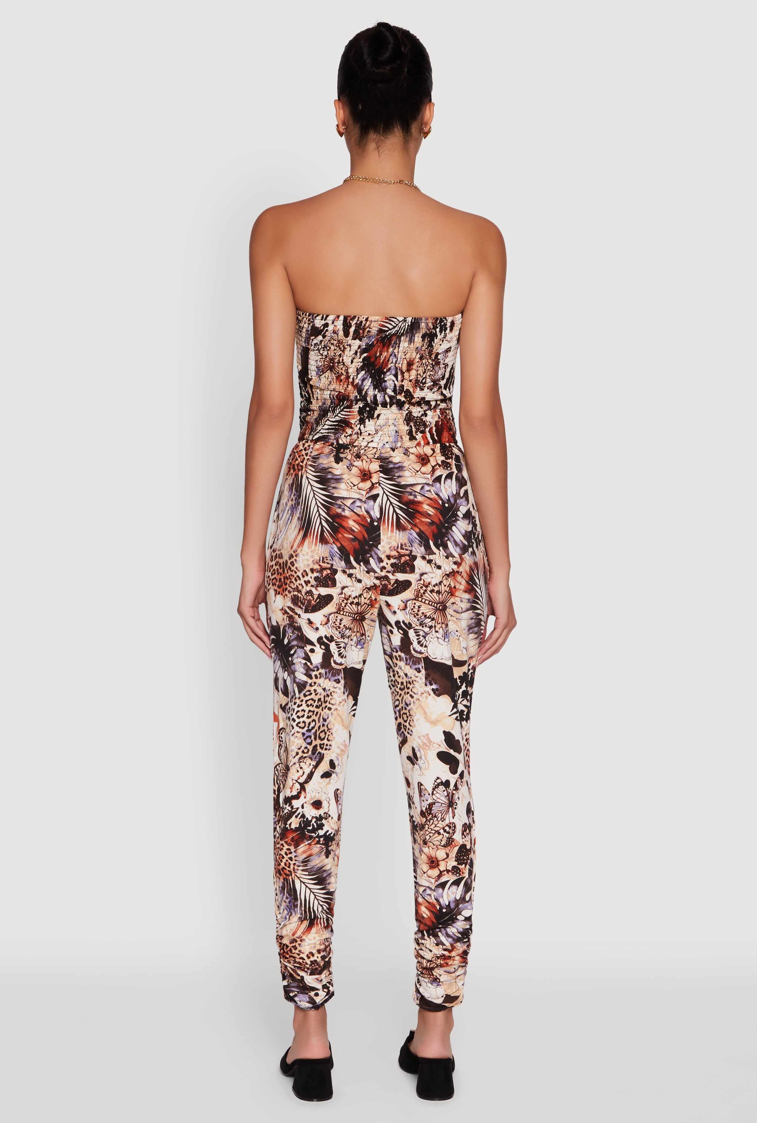 Strapless Animal Leaf Print Smocked Jumpsuit