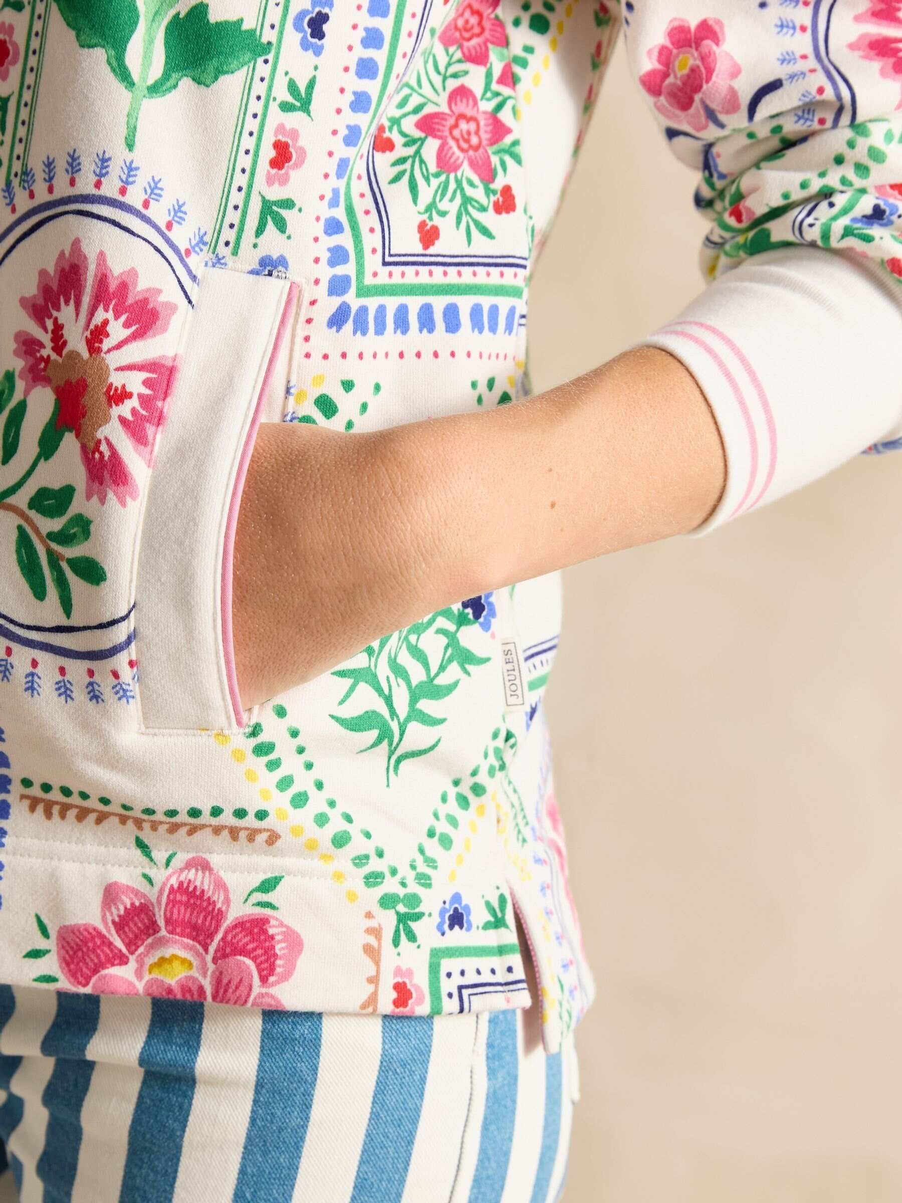 Burnham Cream Tile Print Cotton Funnel Neck Quarter Zip Sweatshirt