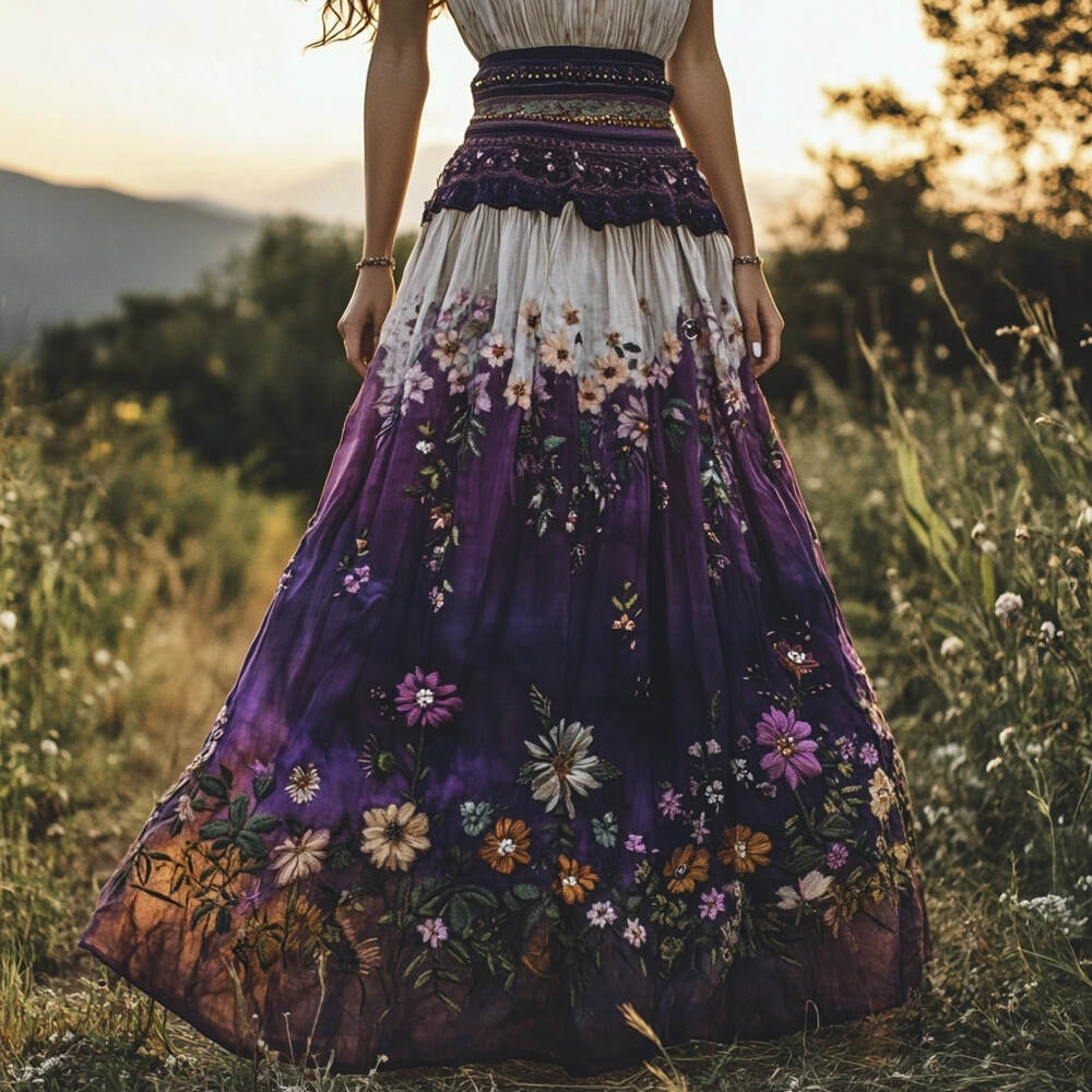 Women's Boho Floral Embroidery Purple Gradient Cotton Flowing Half Elastic Skirt
