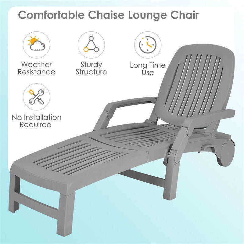 Outdoor Chaise Lounge Chair 6-Position Adjustable Patio Recliner with Wheels