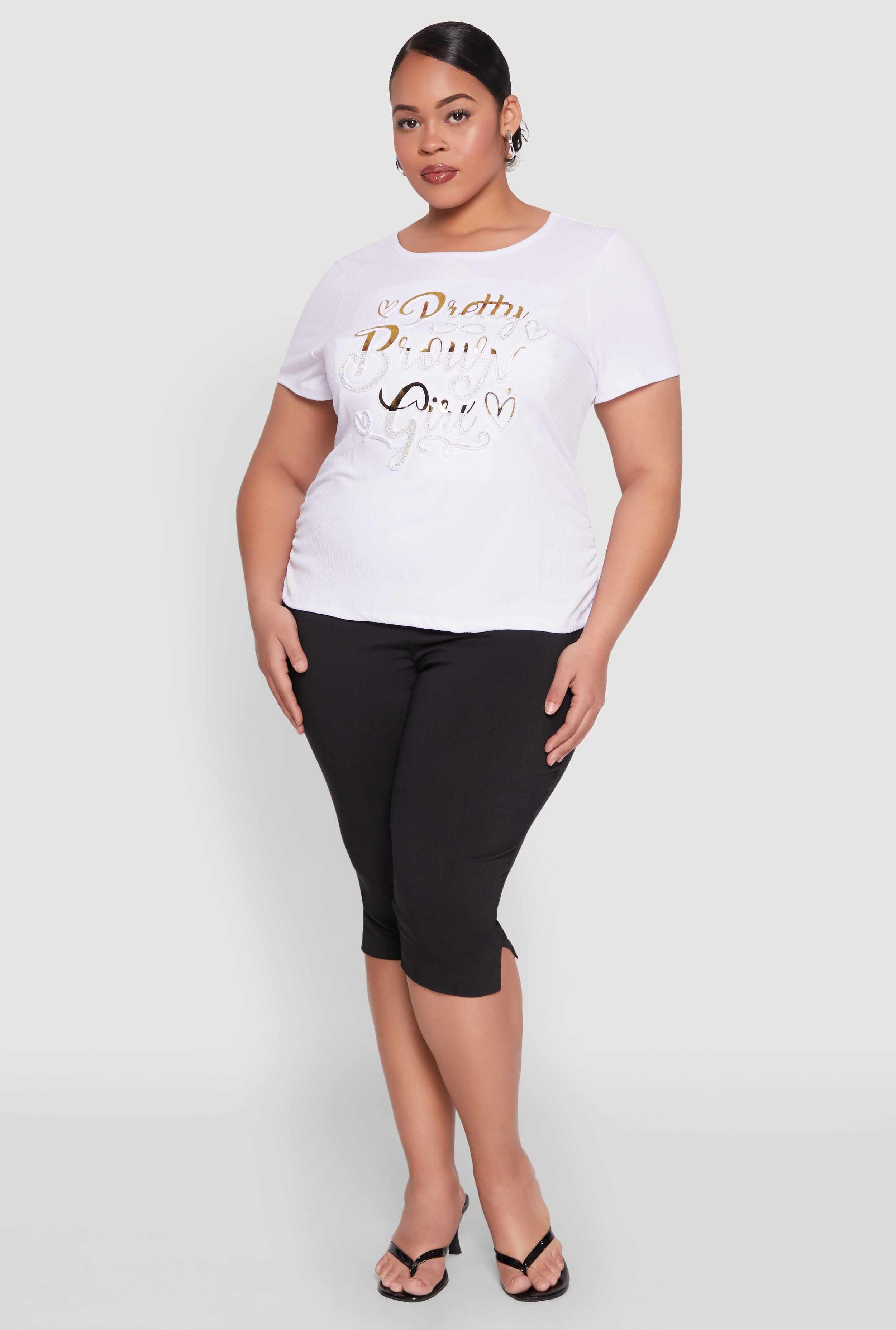 Plus Size 3D Pretty Brown Girl Foil Graphic Tee
