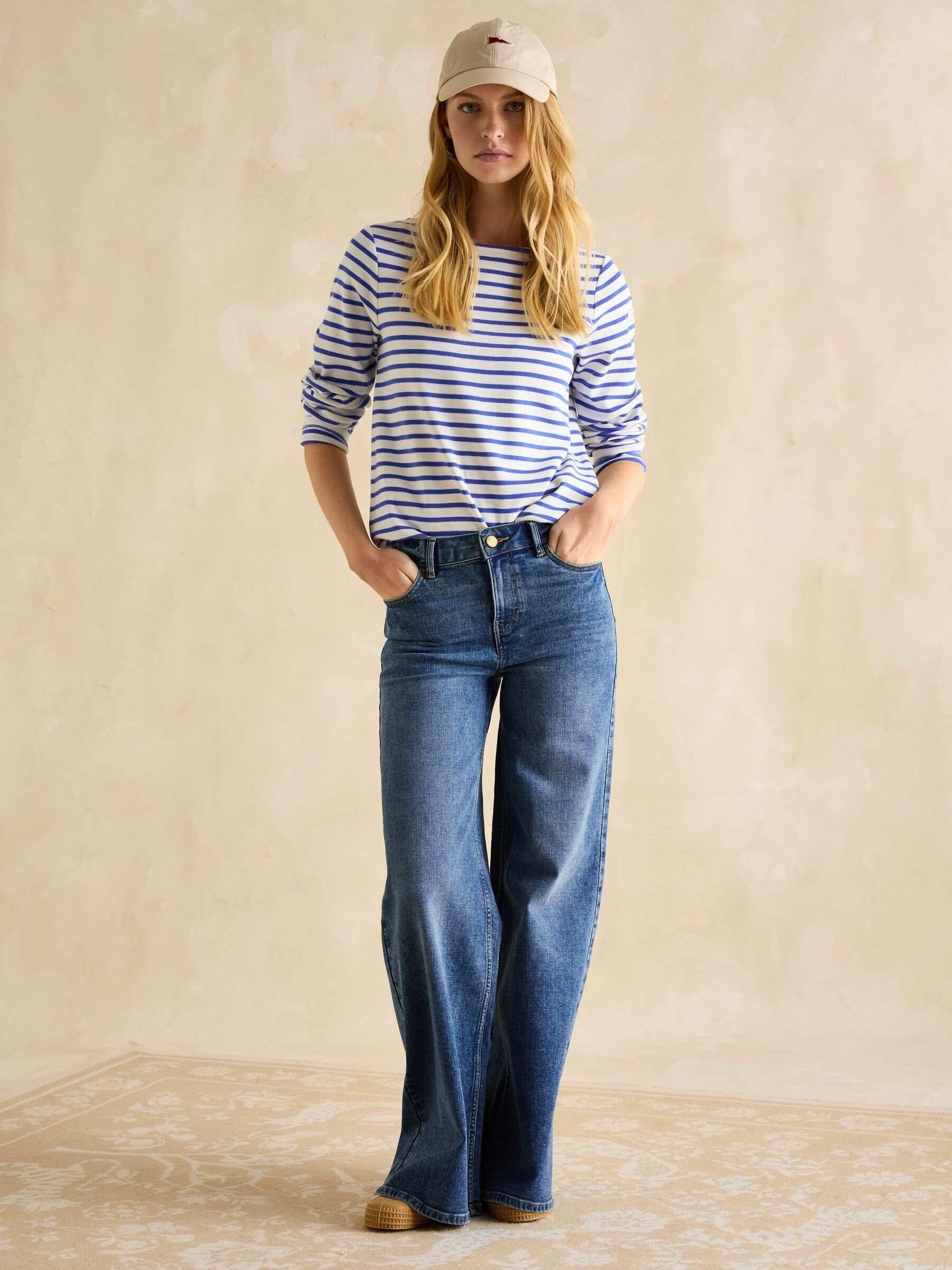 Harbour Blue/White Boat Neck 100% Cotton Breton Top