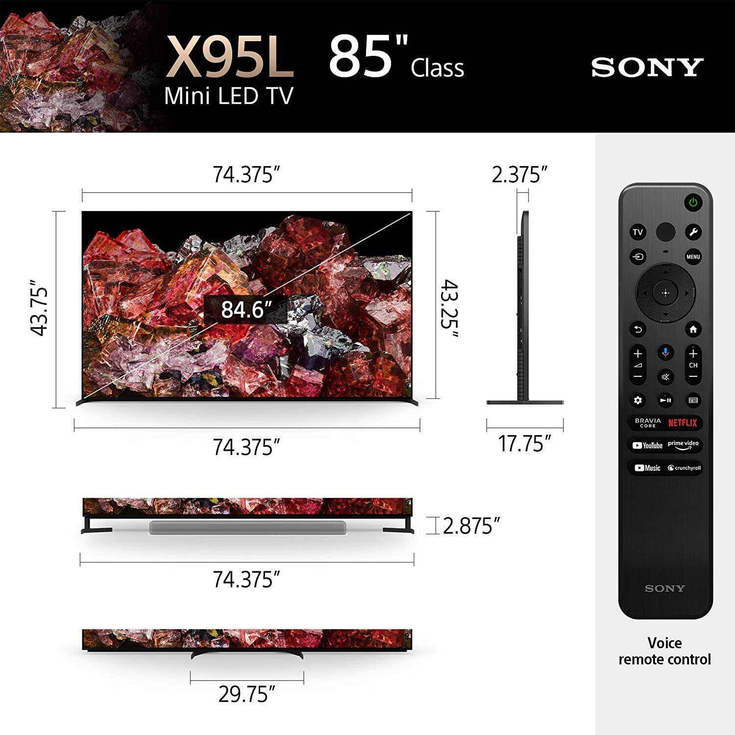 85 Inch Mini LED 4K Ultra HD TV X95L Series: BRAVIA XR Smart Google TV with Dolby Vision HDR and Exclusive Features for The Playstation® 5 XR85X95L- 2023 Model,Black