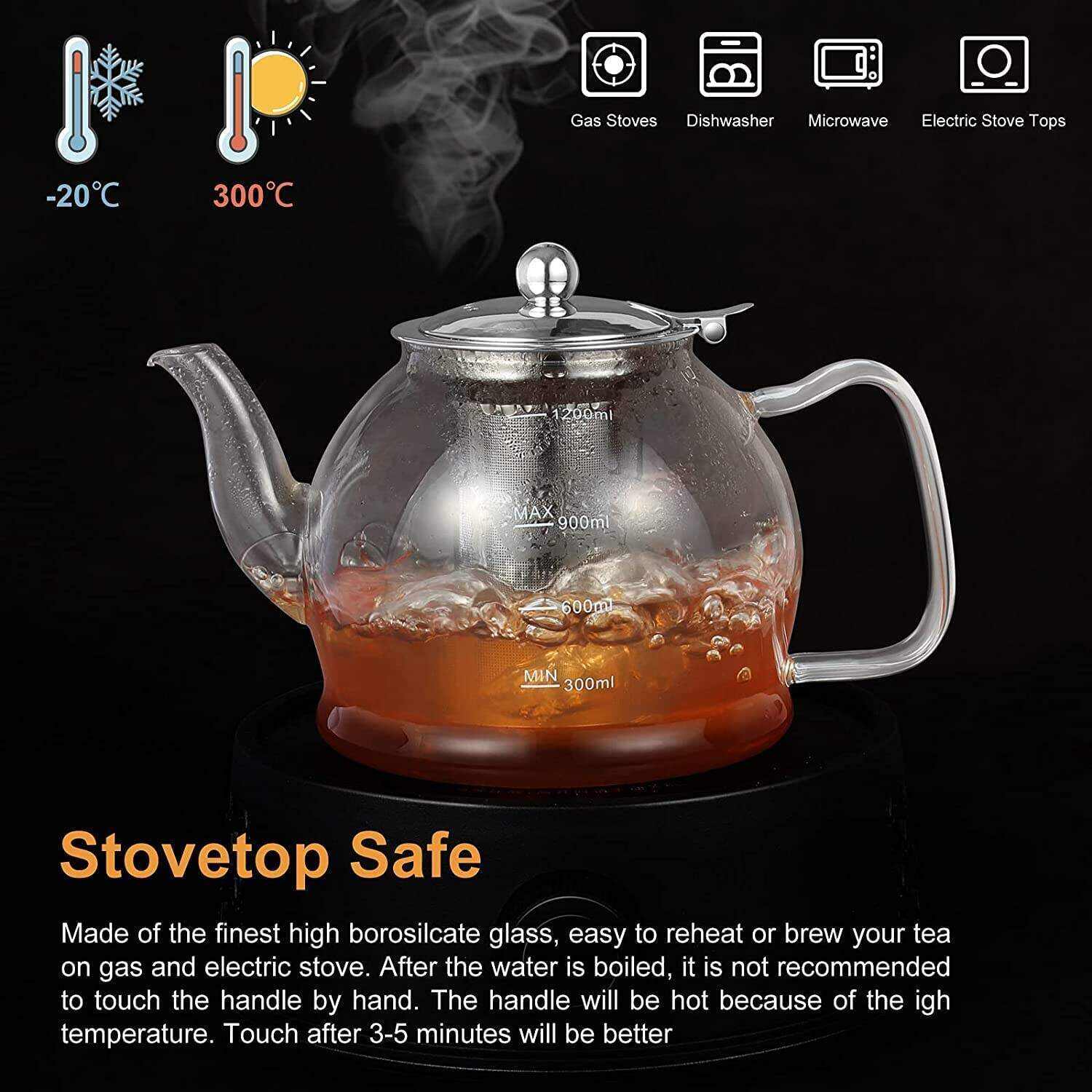 MINO ANT Tea Set ̈C 1200ml Glass Teapot with Removable Stainless Steel Infuser, and 4 Glass Teacups, Stovetop Safe Tea Kettle Gift Set, Blooming and Loose Leaf Tea Maker Set