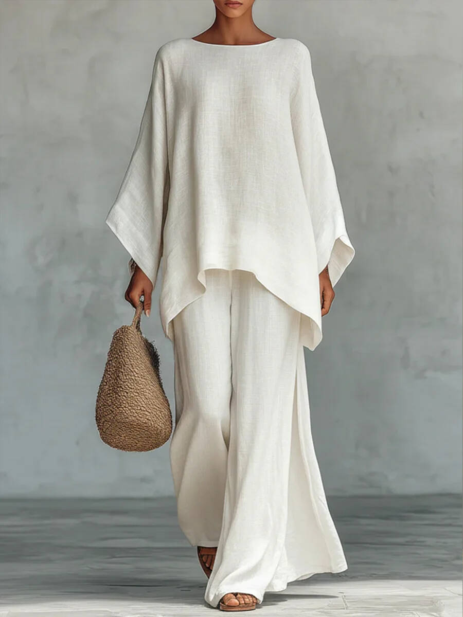 🔥Summer Arrivals🌟Women's Round Neck Long Sleeve Wide-leg Casual Irregular Hem Two-piece Pants Set
