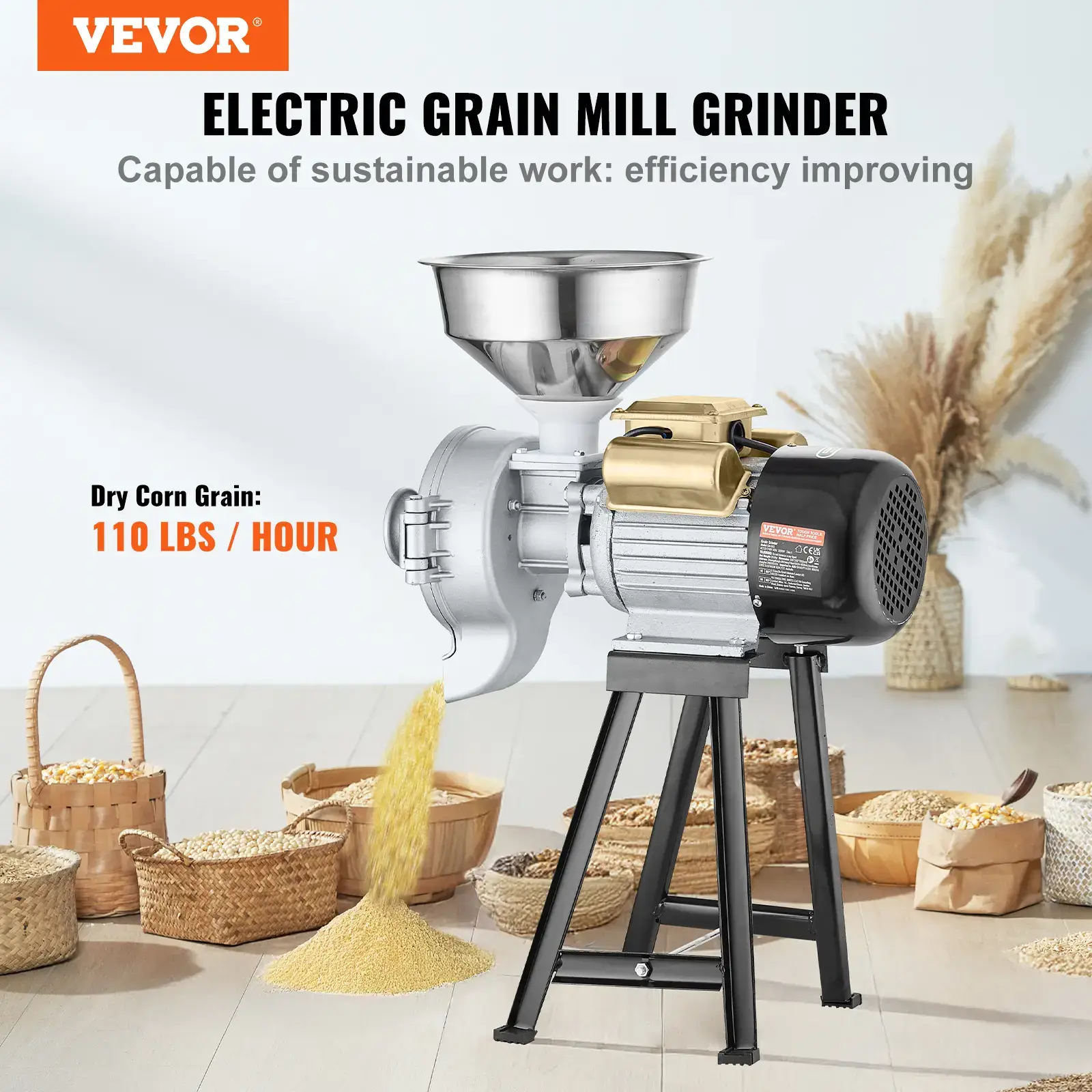 3000W High Power Commercial Grain Grinder, Heavy Duty Dry Wet Electric Mill, Adjustable Thickness Powder Machine for Wheat Corn Spice Cereal with Feeding Funnel