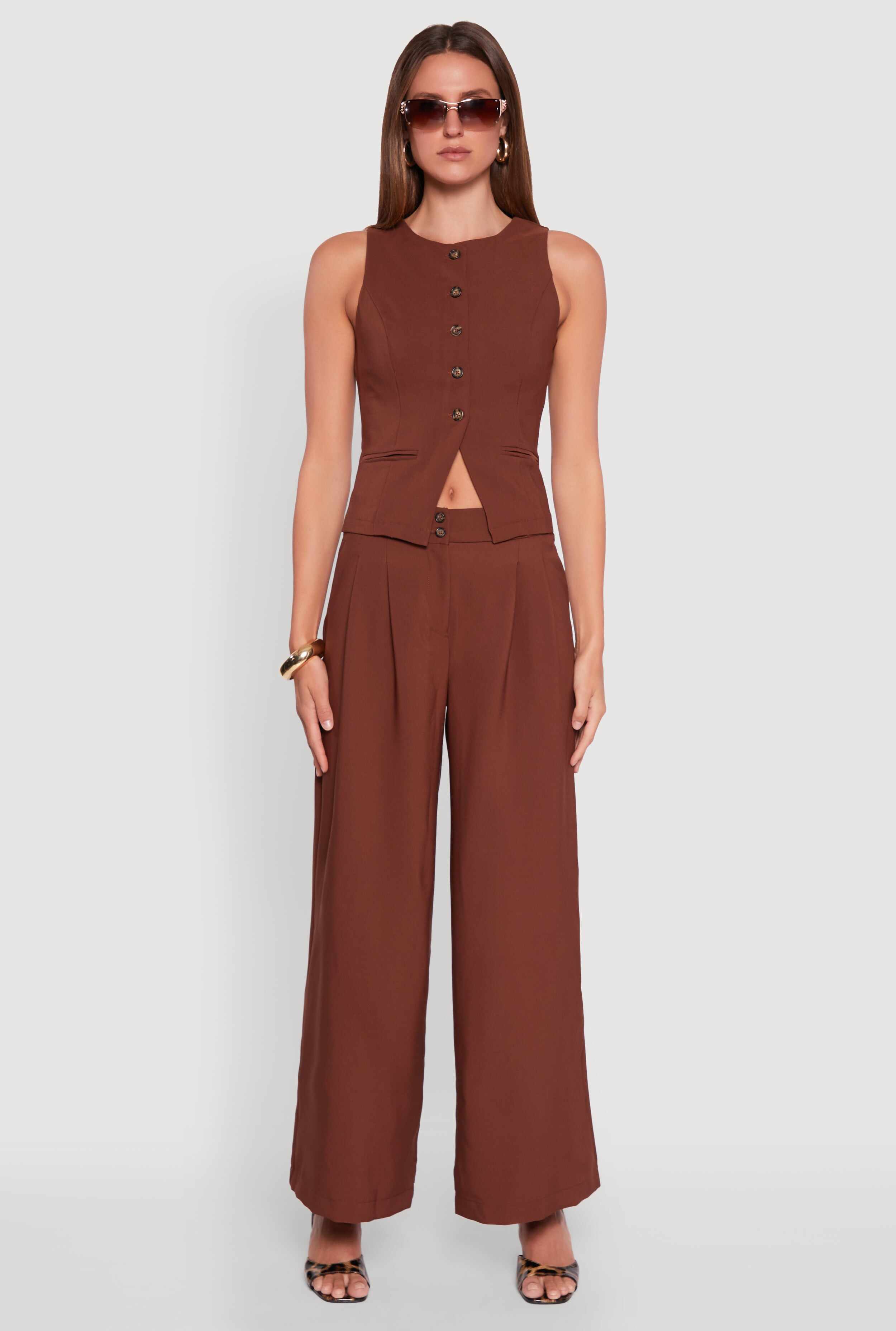Solid Crepe Knit Pleated Detail Wide Leg Trousers