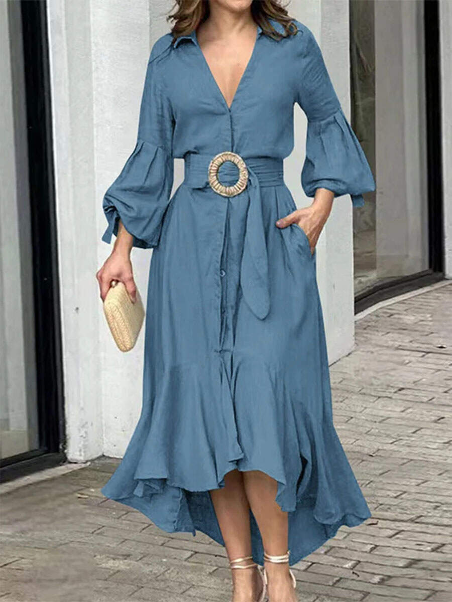 🔥Summer Arrivals🌟Women's Solid Color V-neck Long Sleeve Casual Loose A-line Dress