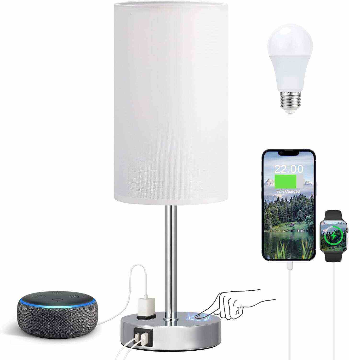 Bedside Table Lamp for Bedroom - 3 Way Dimmable Touch Lamp USB C Charging Ports and AC Outlet, Small Lamp Wood Base Round Flaxen Fabric Shade for Living Room, Desk, LED Bulb Included